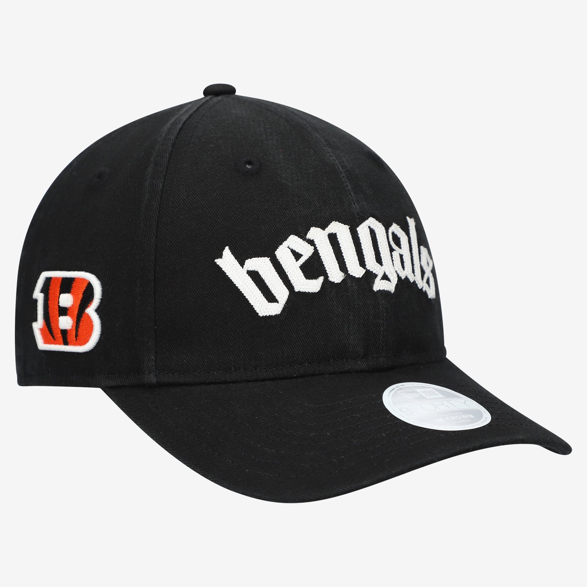 Casquette ajustable New Era noire pour femme, modèle 9FORTY M-Crown, à l'effigie des Bengals de Cincinnati, police gothique.