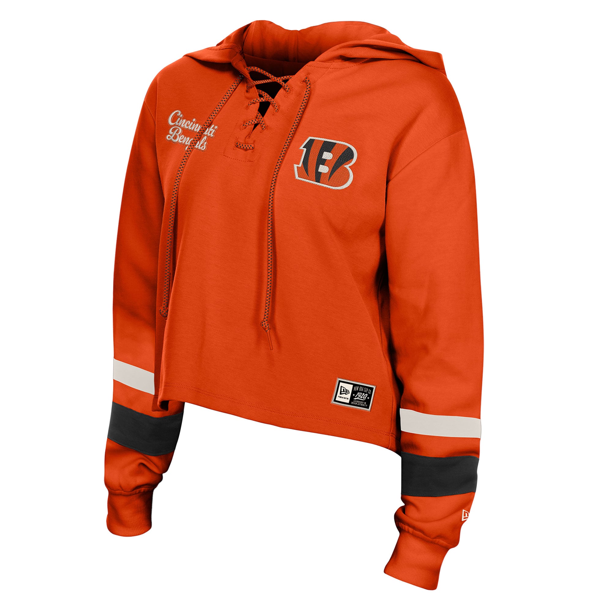 Sweat à capuche rétro lacets orange New Era pour femme, Cincinnati Bengals