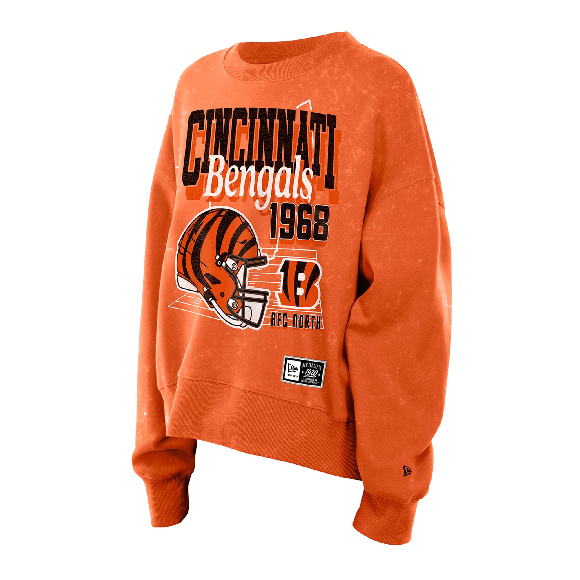 Sweat-shirt à col rond en molleton délavé orange New Era pour femme, style rétro Cincinnati Bengals.