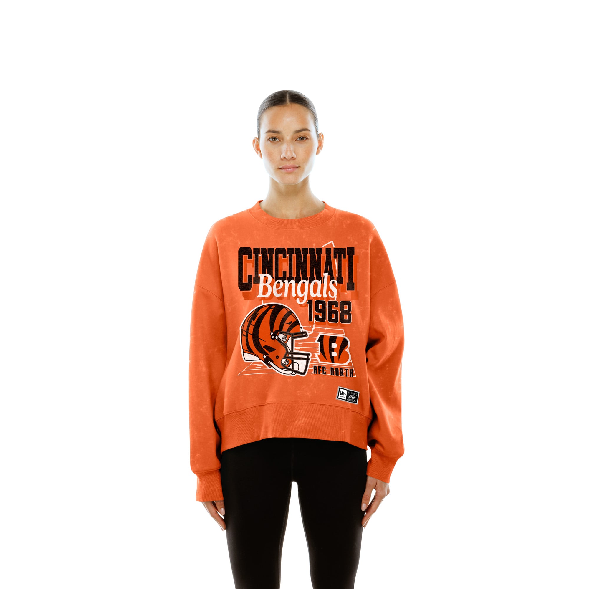 Sweat-shirt à col rond en molleton délavé orange New Era pour femme, style rétro Cincinnati Bengals.
