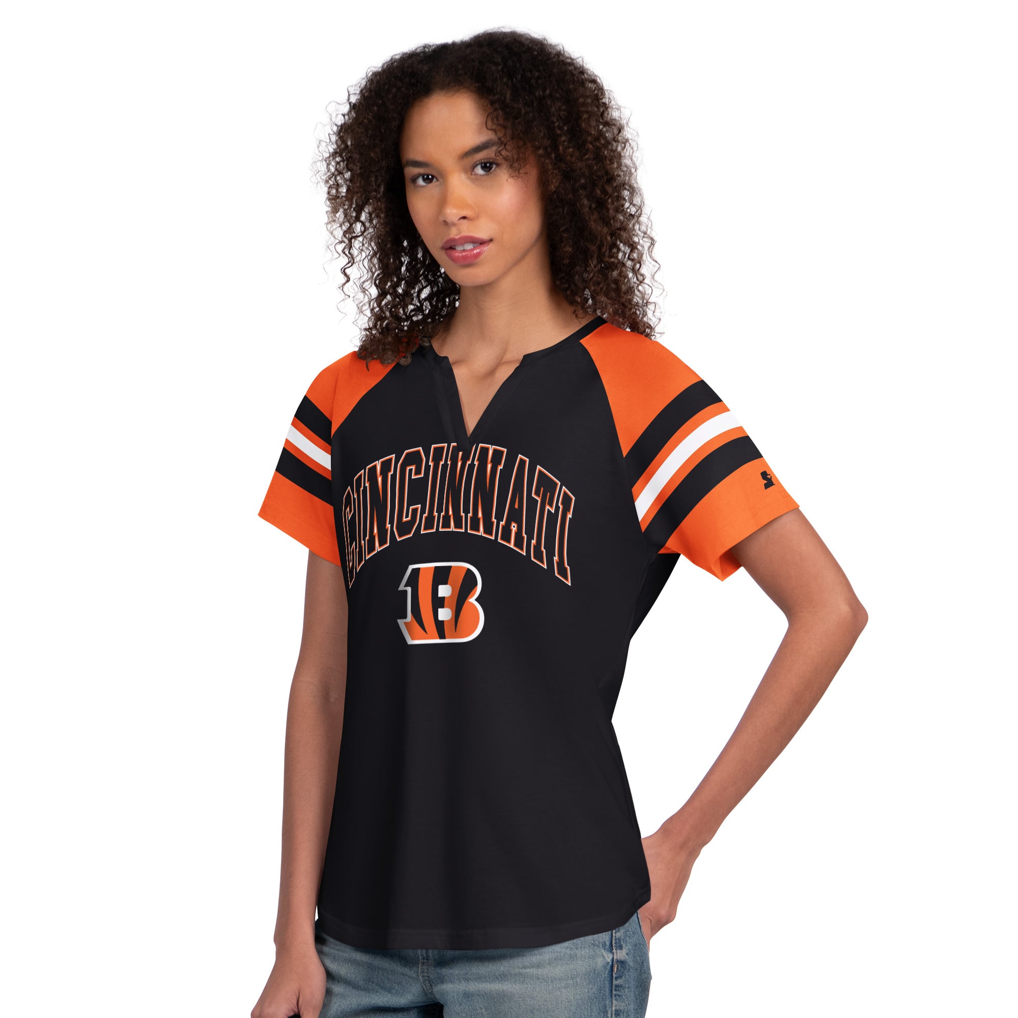 T-shirt raglan à col cranté Starter noir pour femme, motif Bengals de Cincinnati