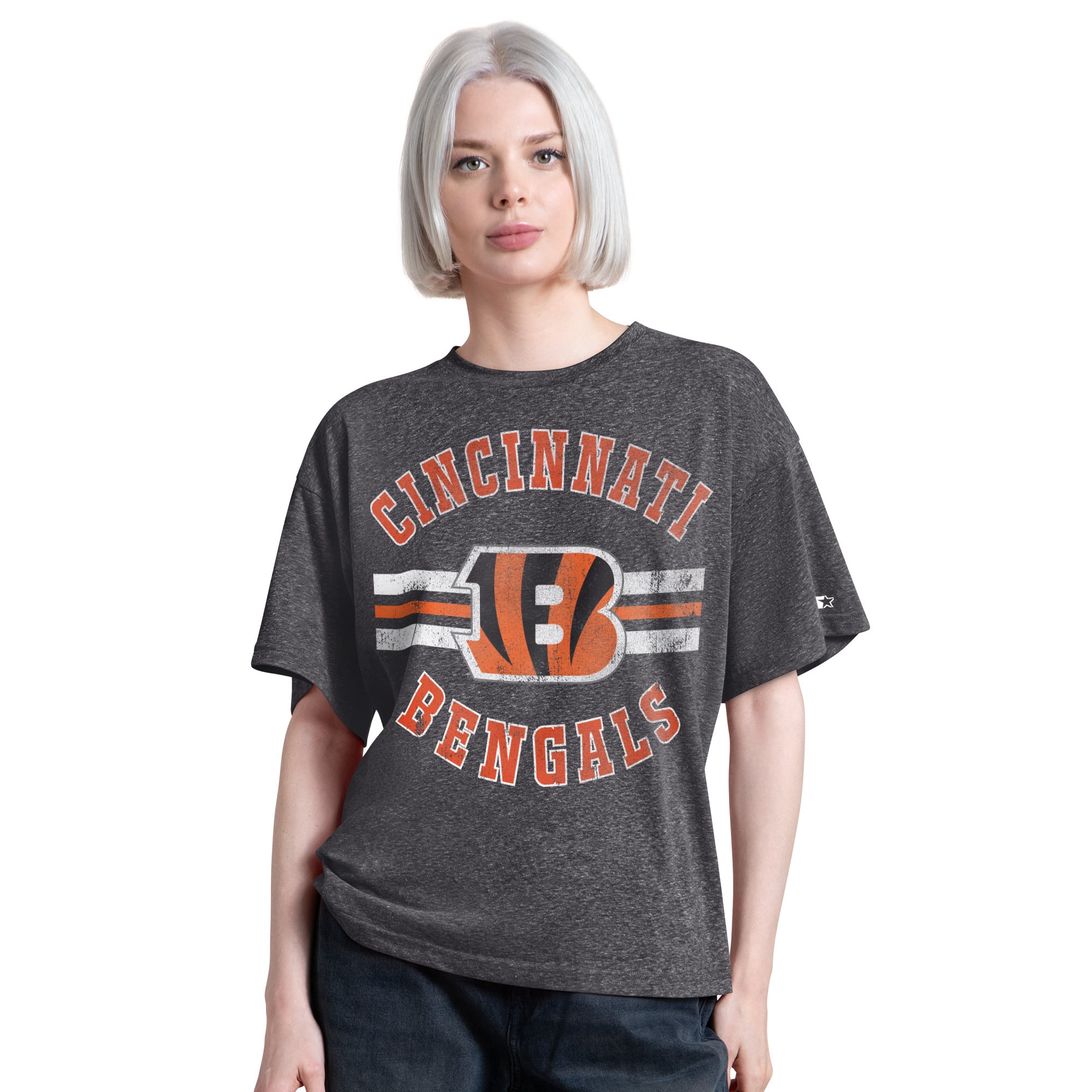 T-shirt Starter noir pour femme, motif Jump Shot des Bengals de Cincinnati, style boyfriend, mélange trois matières