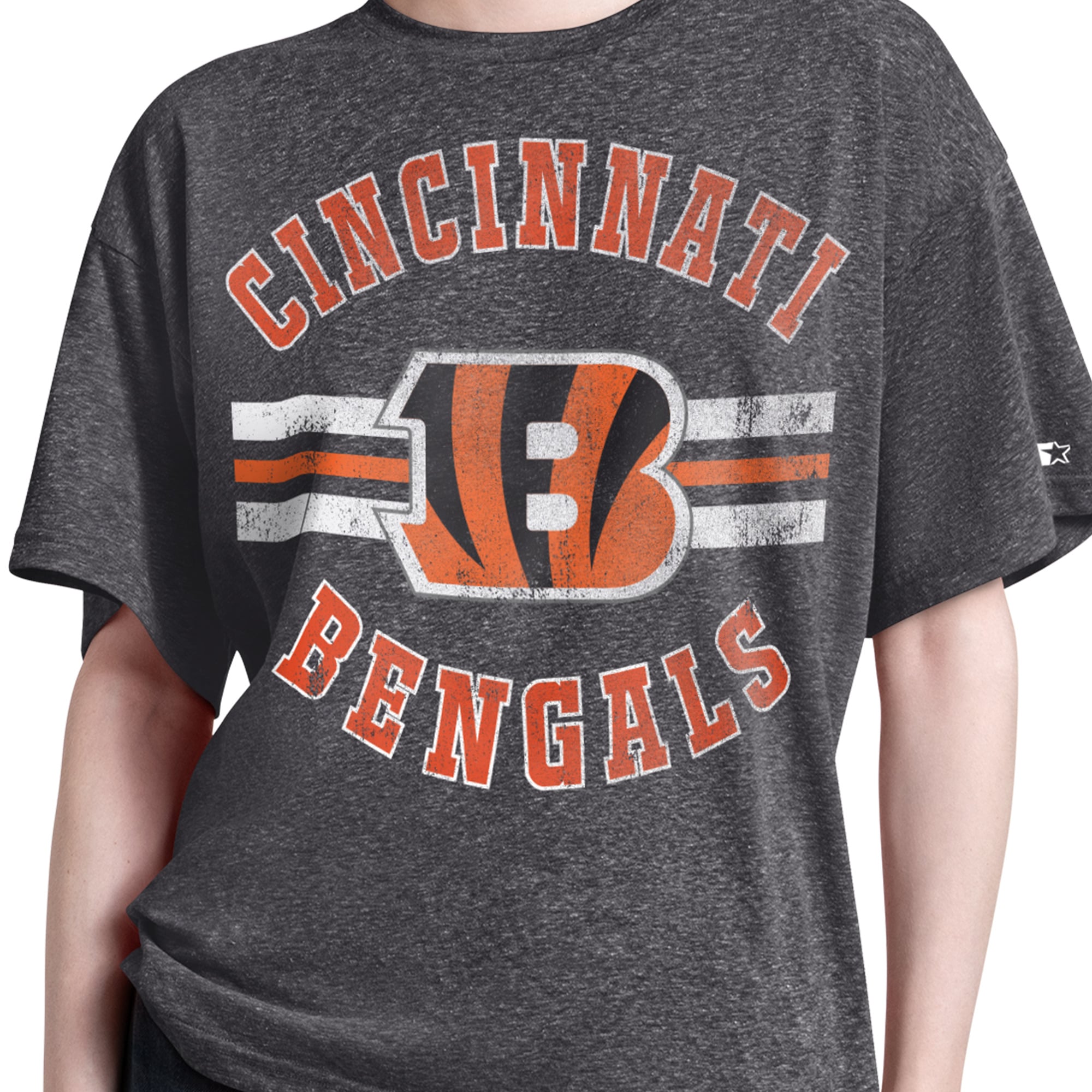 T-shirt Starter noir pour femme, motif Jump Shot des Bengals de Cincinnati, style boyfriend, mélange trois matières