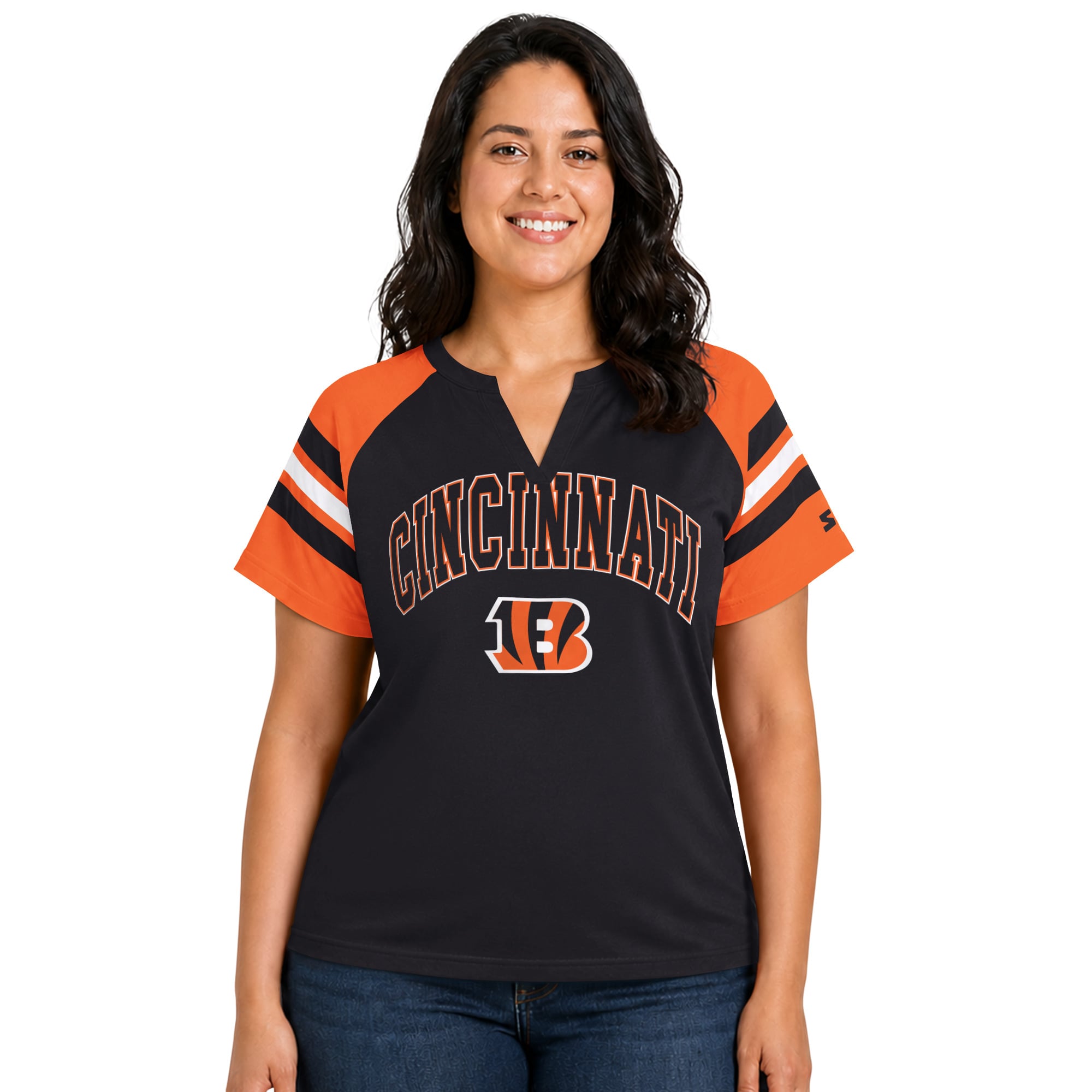 T-shirt raglan Starter noir pour femme, grandes tailles, Cincinnati Bengals, Game On, col cranté