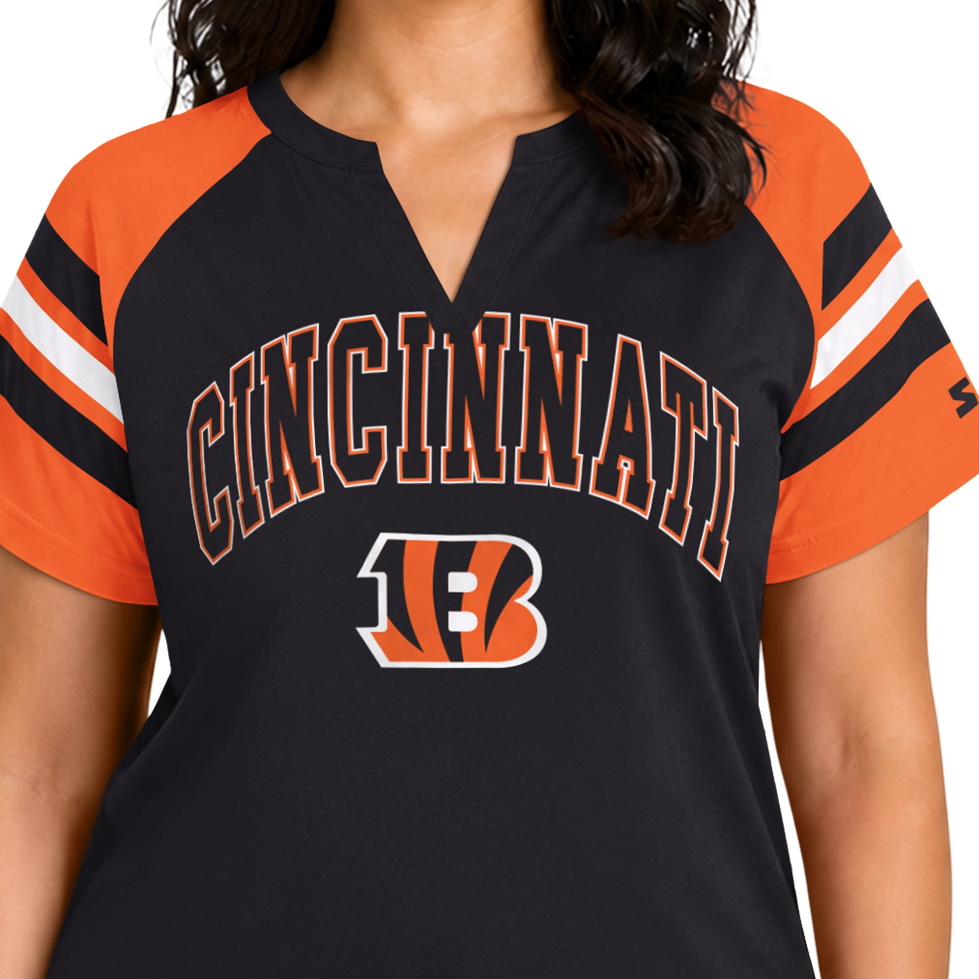 T-shirt raglan Starter noir pour femme, grandes tailles, Cincinnati Bengals, Game On, col cranté