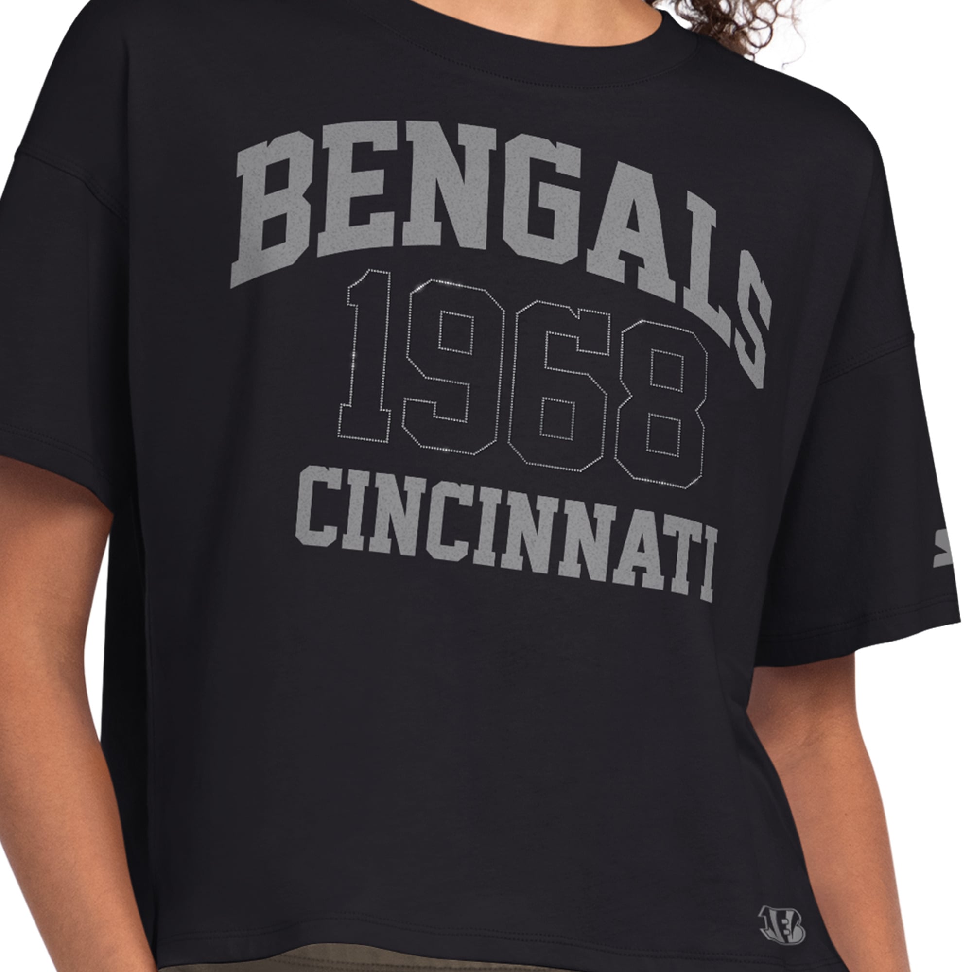 T-shirt court à strass Starter noir pour femme, style carré, aux couleurs des Bengals de Cincinnati