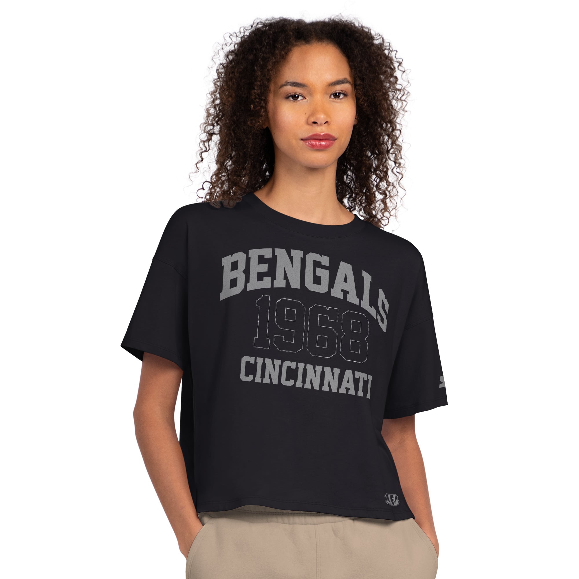 T-shirt court à strass Starter noir pour femme, style carré, aux couleurs des Bengals de Cincinnati