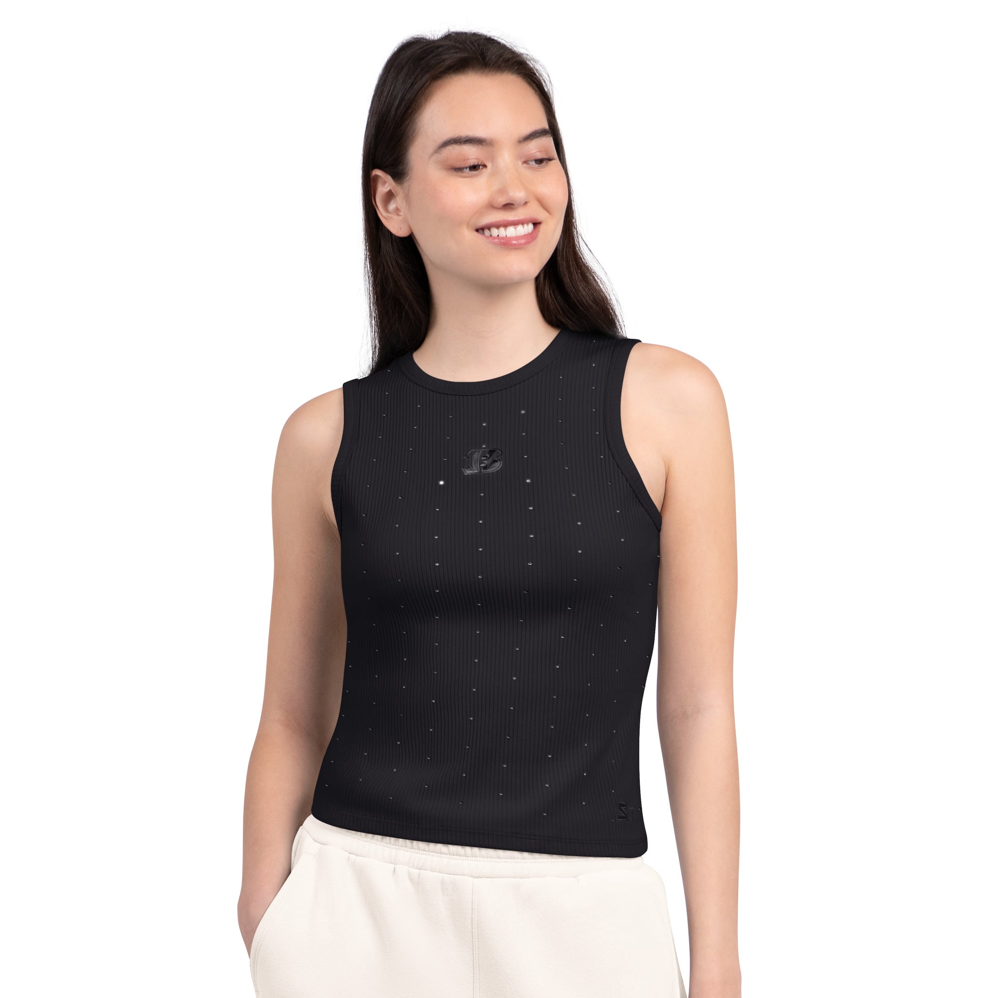 Débardeur côtelé noir Starter pour femme, orné de strass, motif Bengals Cincinnati