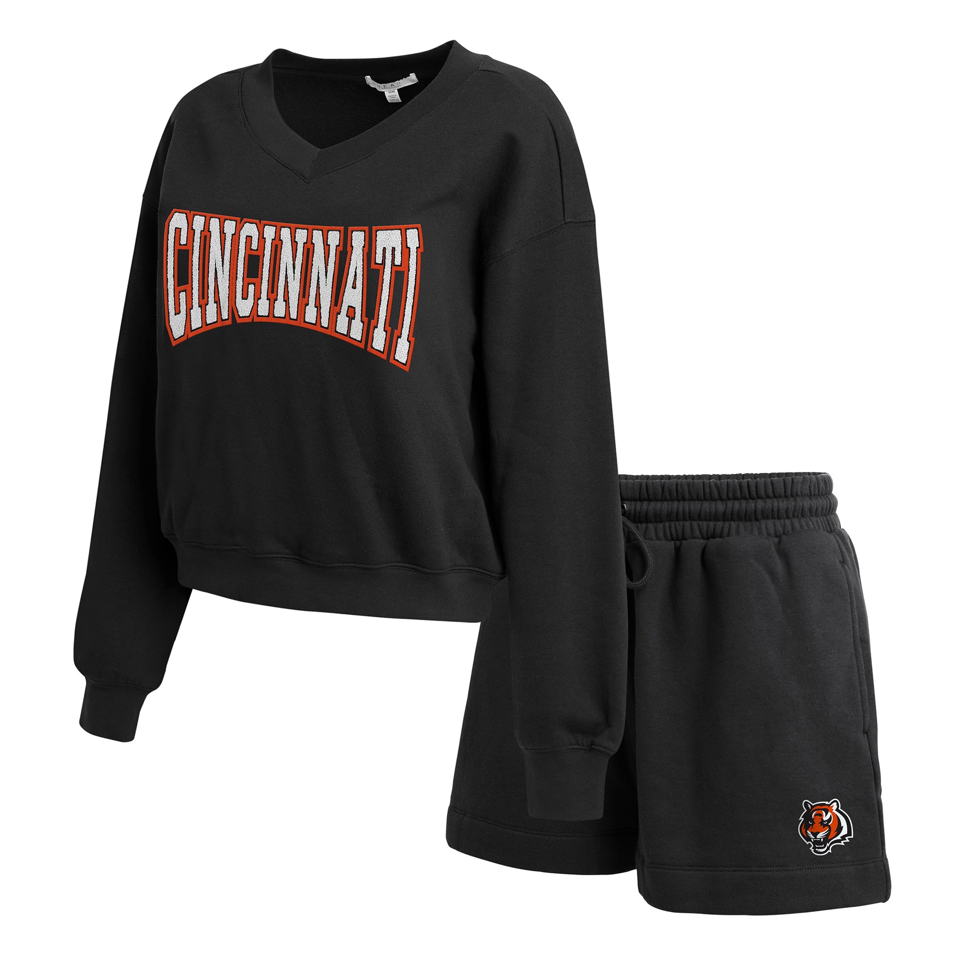 Women's WEAR by Erin Andrews Black Cincinnati Bengals Fleece V-Neck Lounge Set