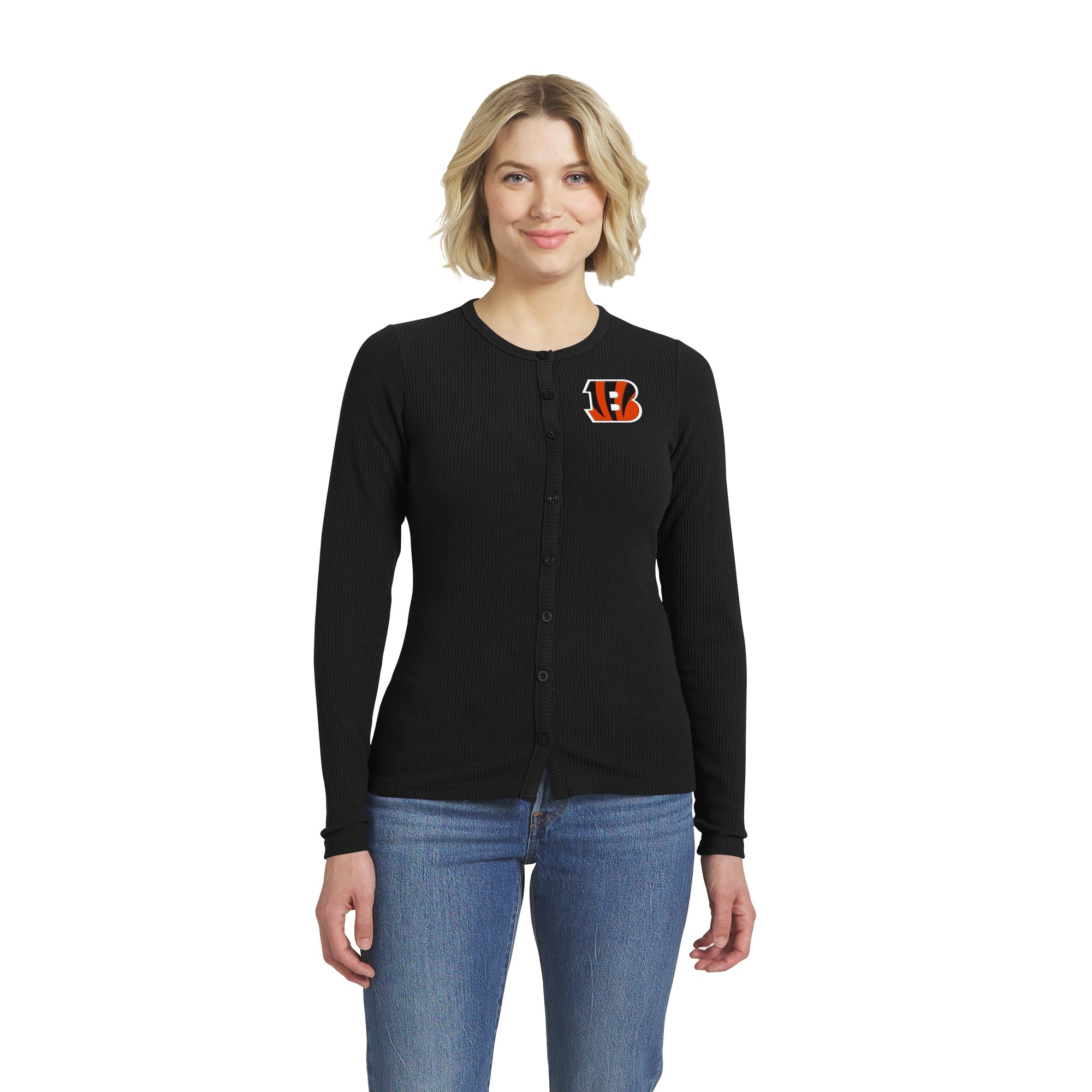 Women's WEAR by Erin Andrews Black Cincinnati Bengals Ribbed Full-Button Cardigan Sweater
