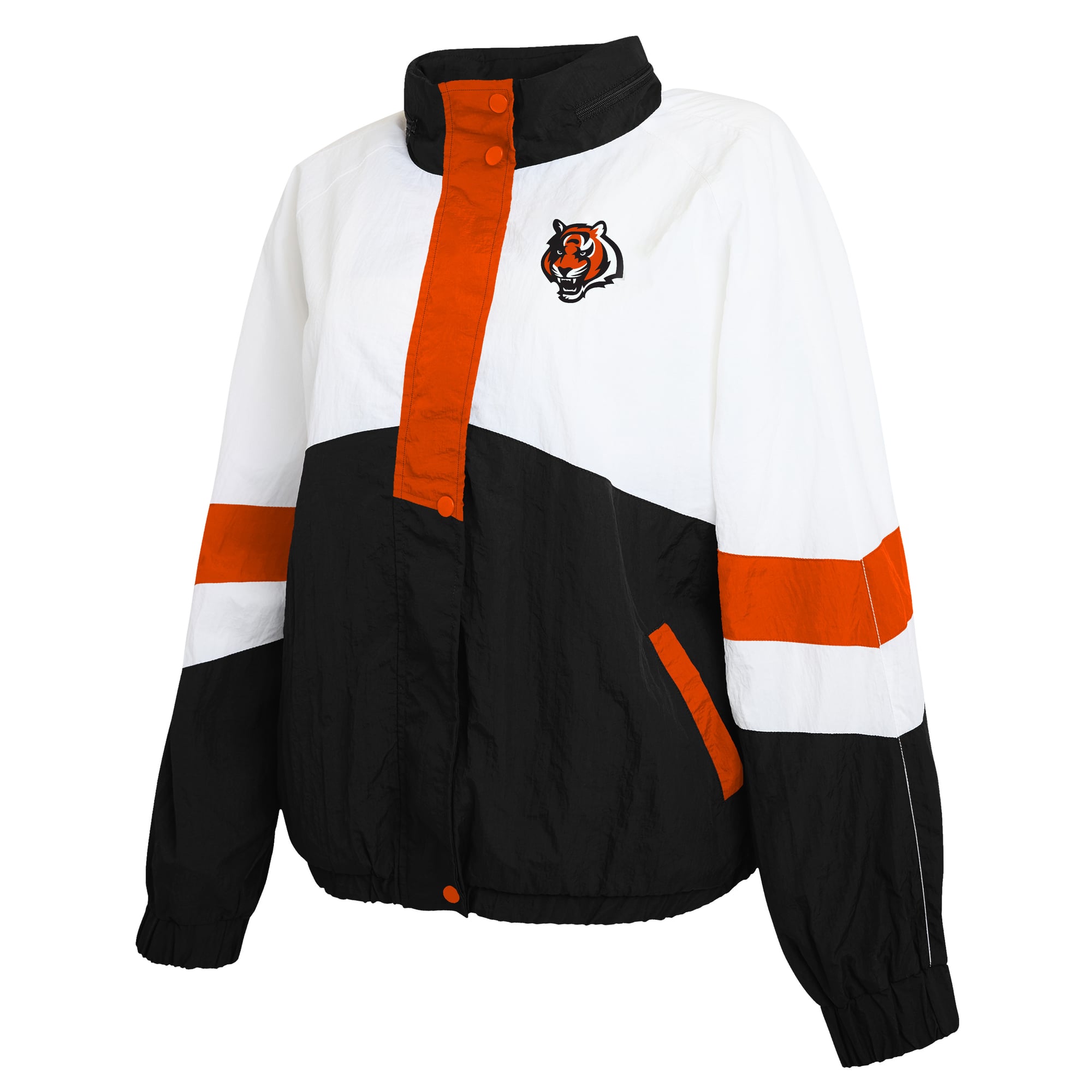 Veste coupe-vent à capuche blanche et noire Cincinnati Bengals de la marque WEAR by Erin Andrews pour femme, fermeture boutonnée intégrale.