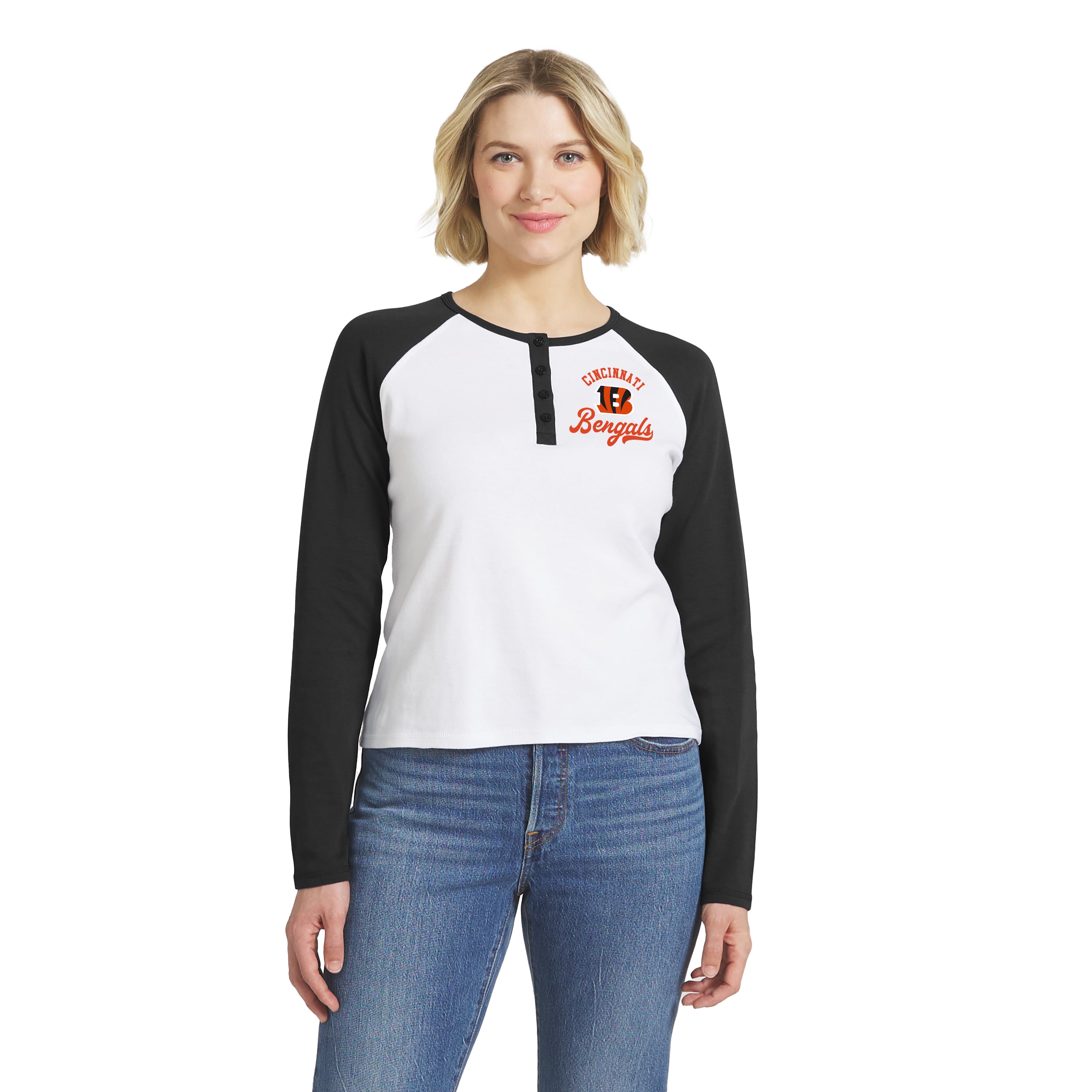 Women's WEAR by Erin Andrews White/Black Cincinnati Bengals Henley Long Sleeve Raglan T-Shirt