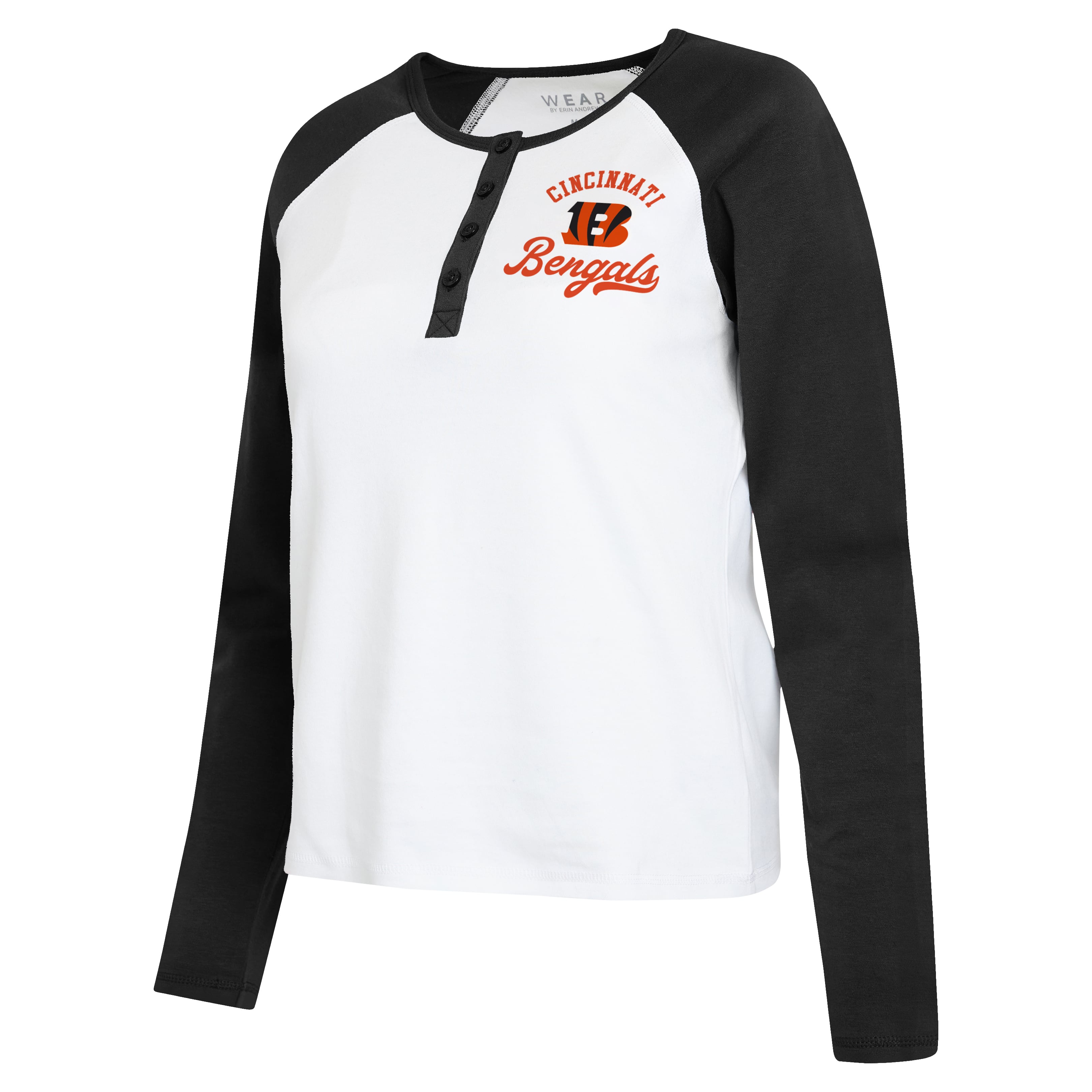 Women's WEAR by Erin Andrews White/Black Cincinnati Bengals Henley Long Sleeve Raglan T-Shirt