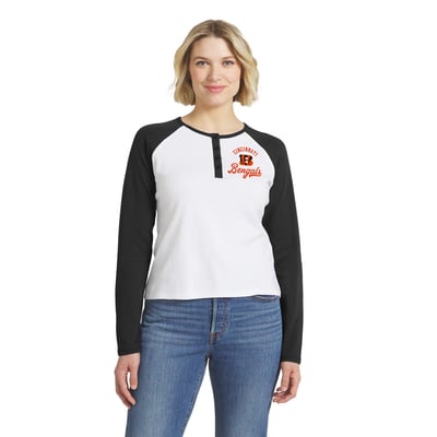  Cincinnati Bengals WEAR by Erin Andrews Women's Henley Long Sleeve Raglan T-Shirt - White/Black