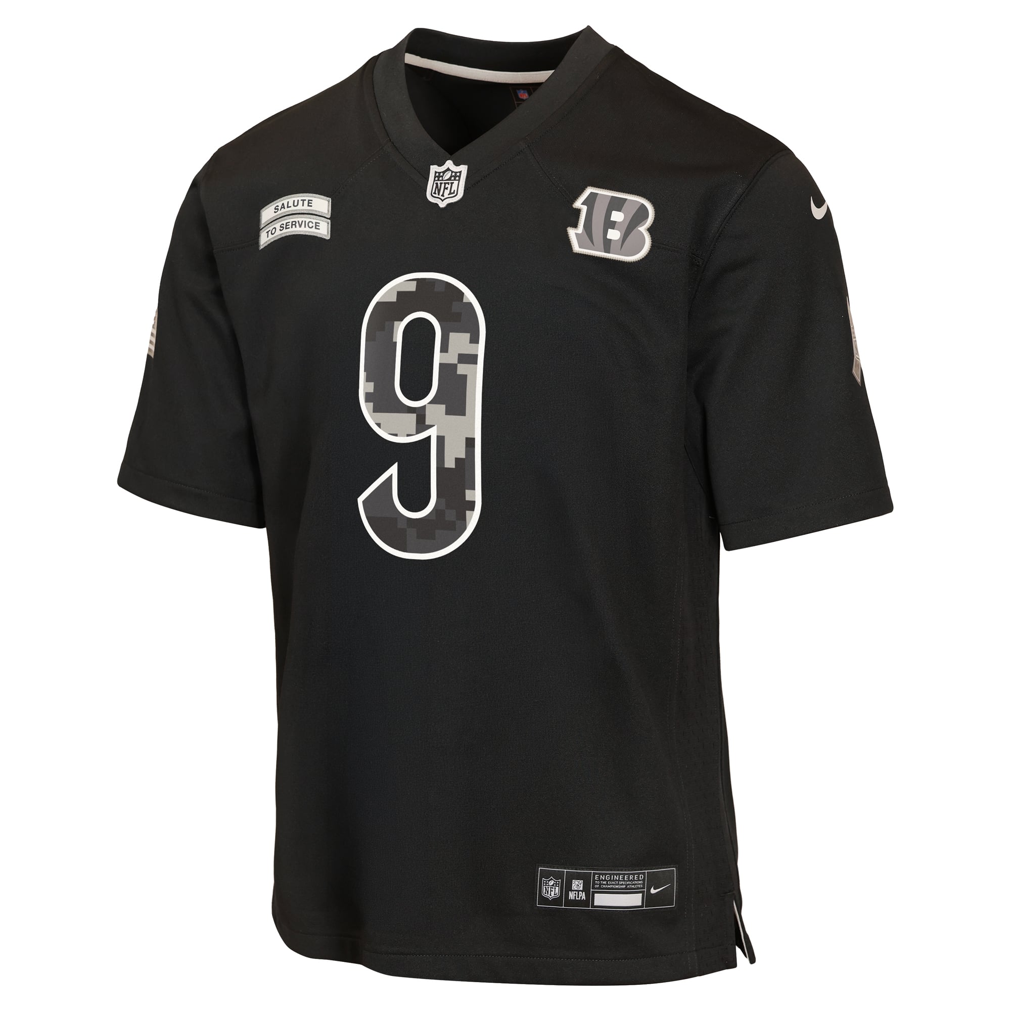 Maillot Nike Joe Burrow noir pour enfant, Cincinnati Bengals 2026 Salute to Service Game