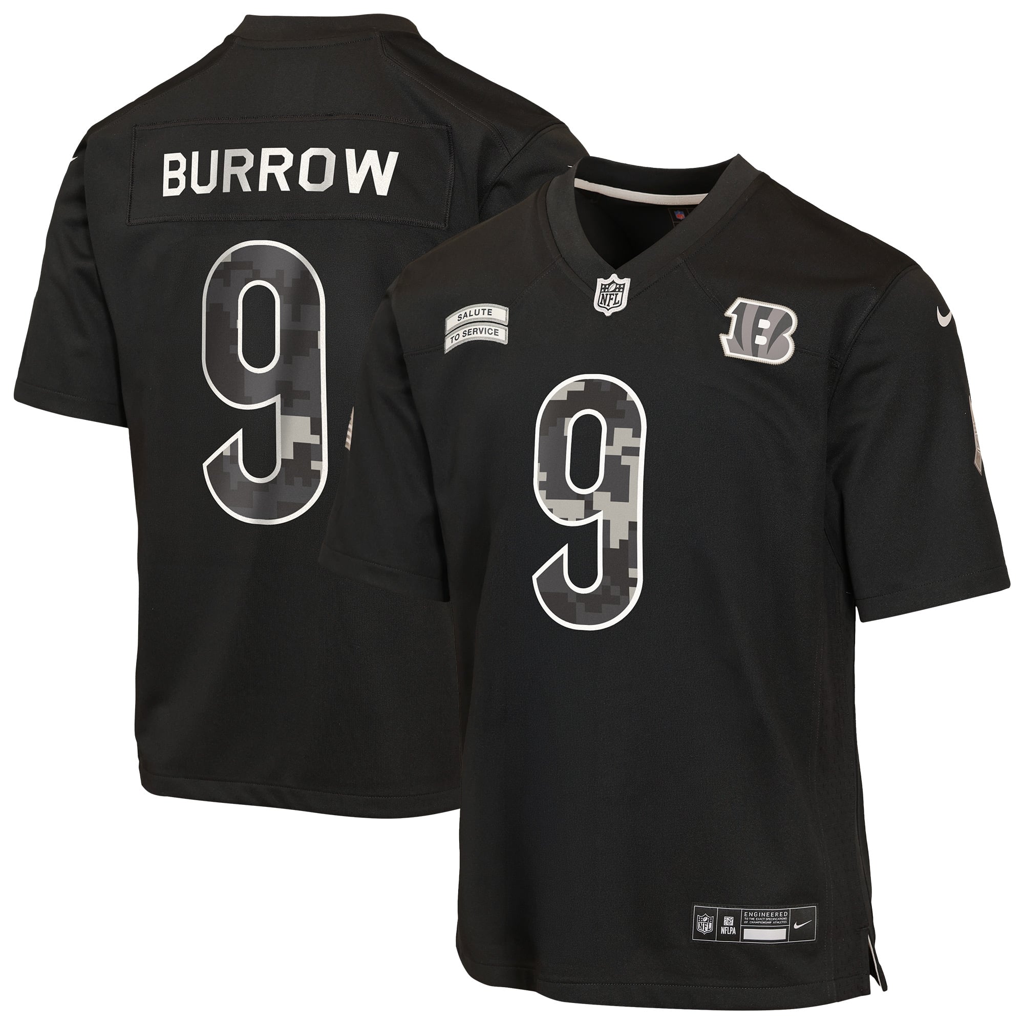 Maillot Nike Joe Burrow noir pour enfant, Cincinnati Bengals 2026 Salute to Service Game
