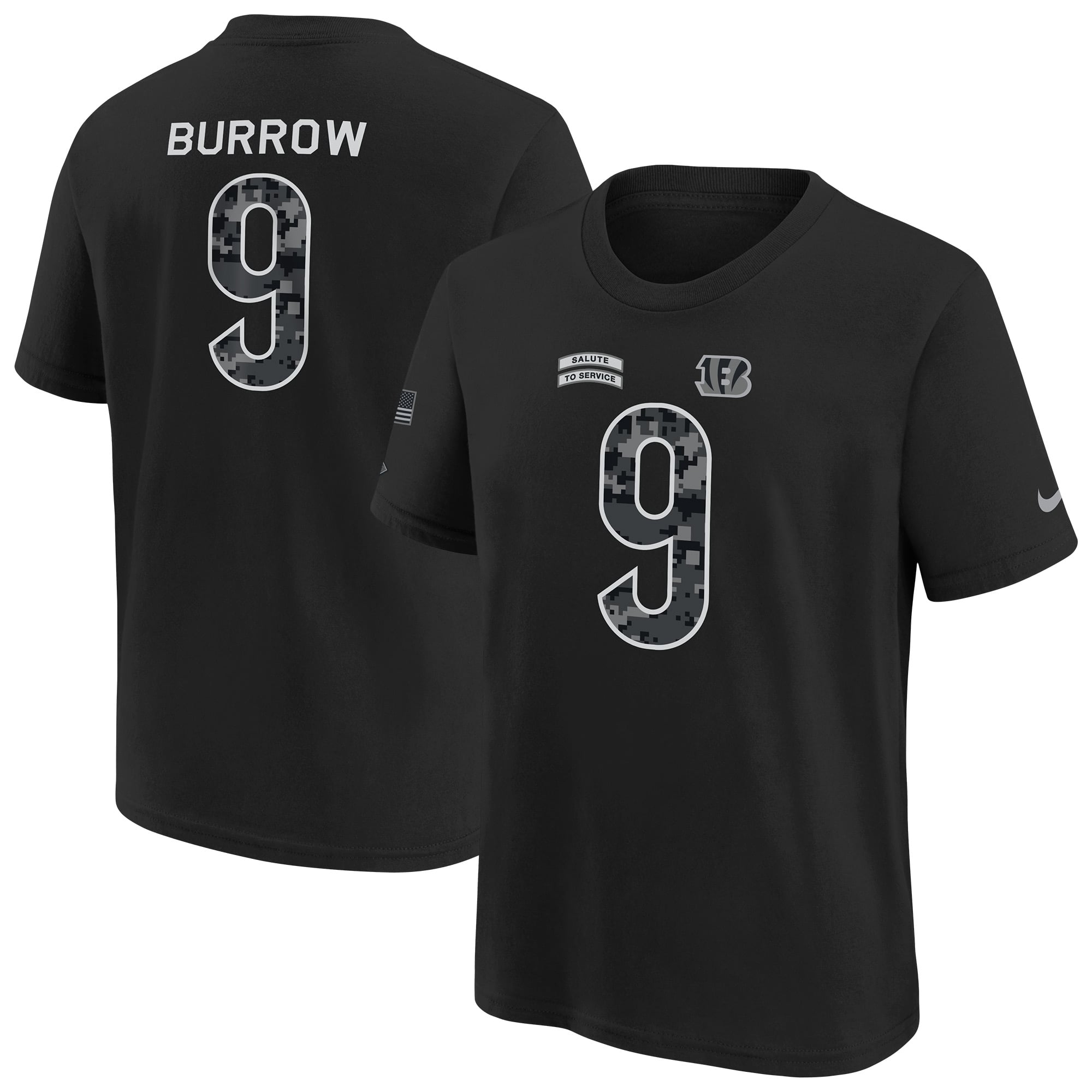 T-shirt Nike Joe Burrow noir pour enfant, Cincinnati Bengals 2026, hommage au service militaire, nom et numéro