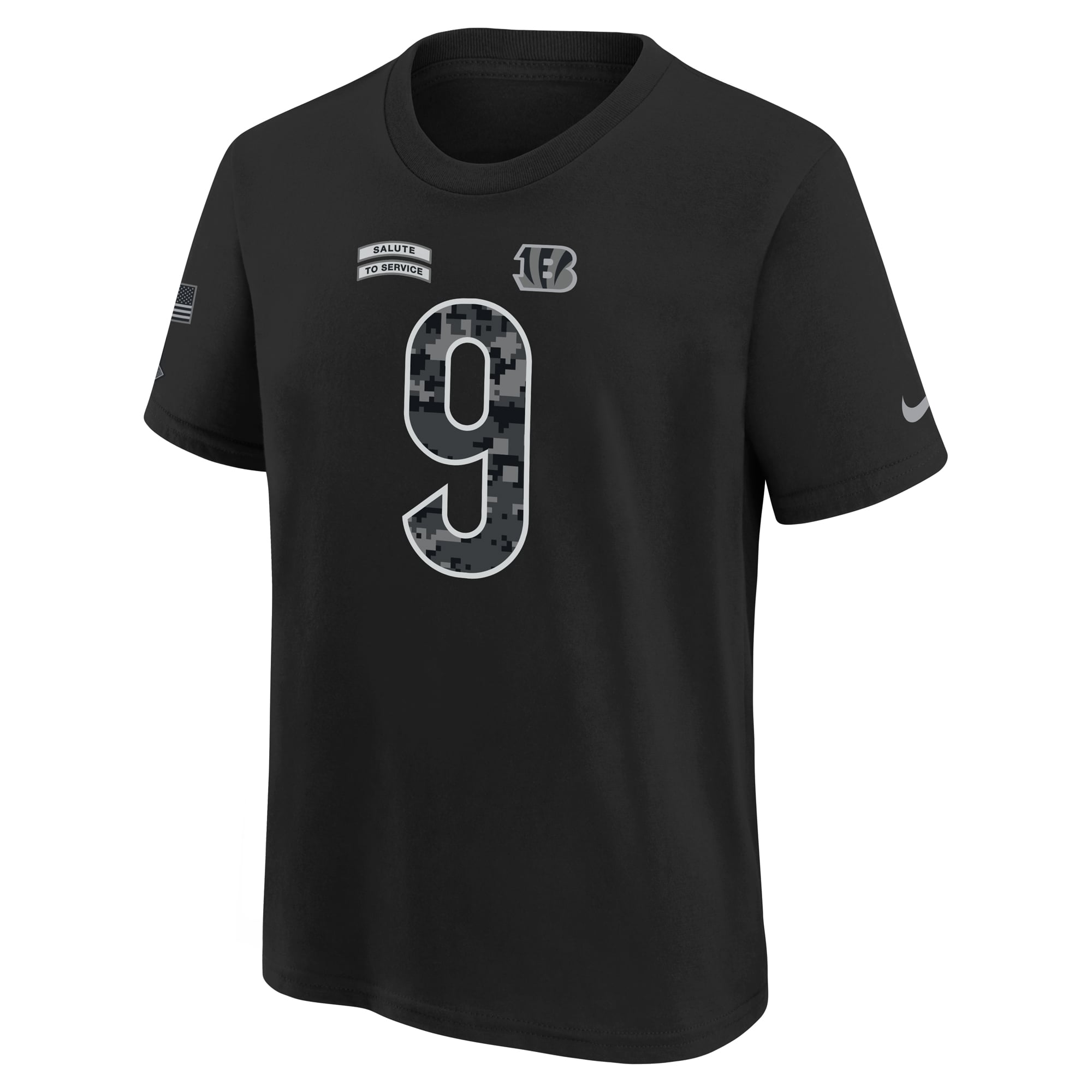 T-shirt Nike Joe Burrow noir pour enfant, Cincinnati Bengals 2026, hommage au service militaire, nom et numéro