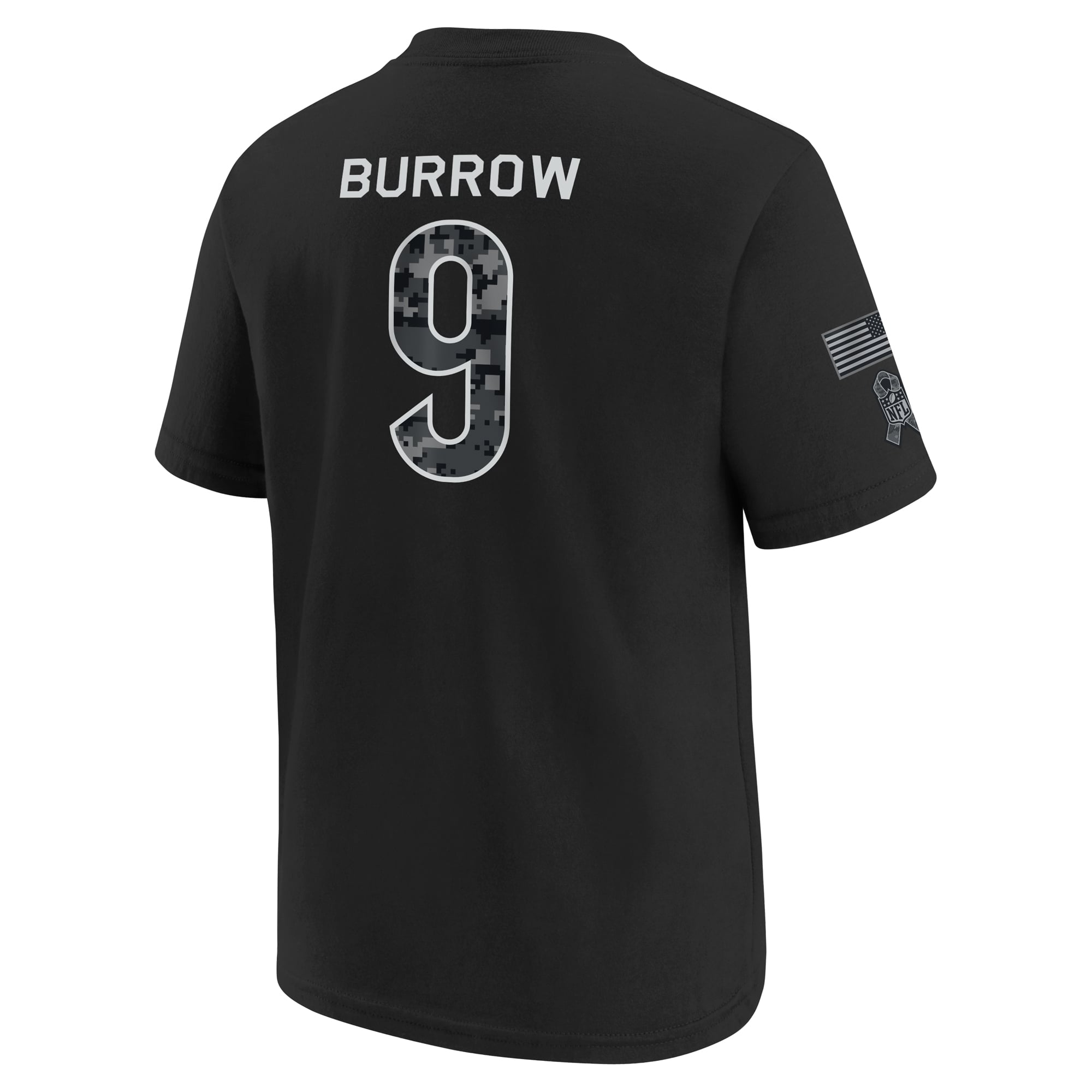 T-shirt Nike Joe Burrow noir pour enfant, Cincinnati Bengals 2026, hommage au service militaire, nom et numéro