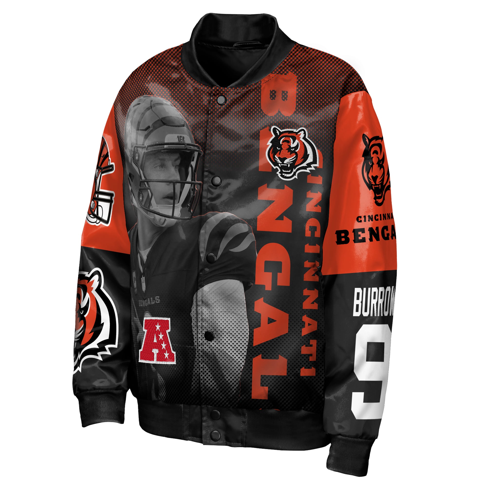 Veste en satin noir légendaire Joe Burrow des Bengals de Cincinnati, modèle Youth Outerstuff, à boutons-pression.