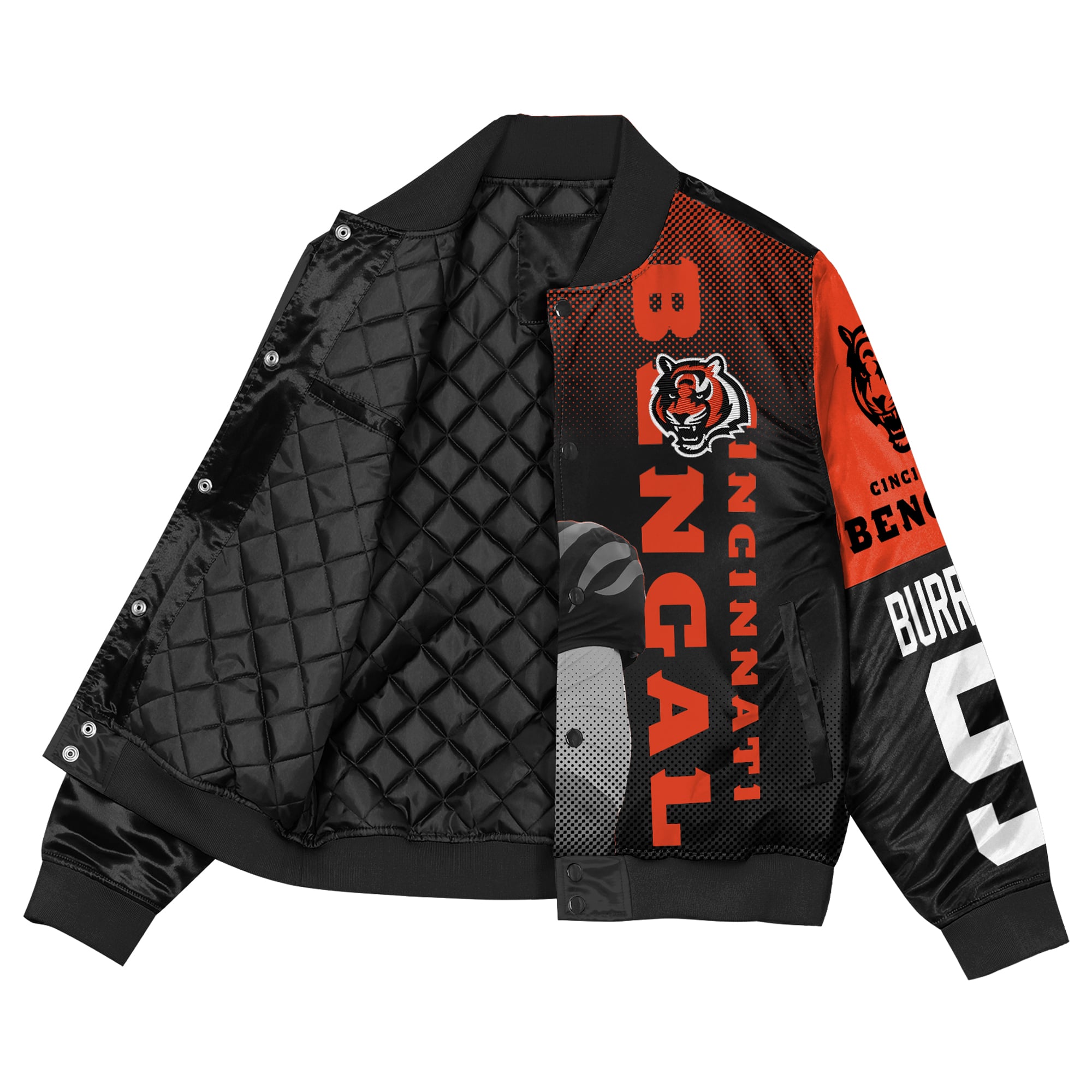 Veste en satin noir légendaire Joe Burrow des Bengals de Cincinnati, modèle Youth Outerstuff, à boutons-pression.