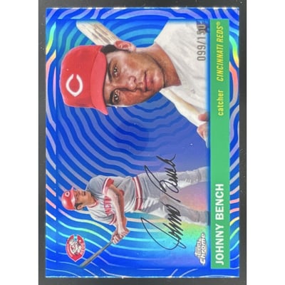 2025 Topps Chrome Platinum Anniversary Blue Vibrations #454 Johnny Bench /150