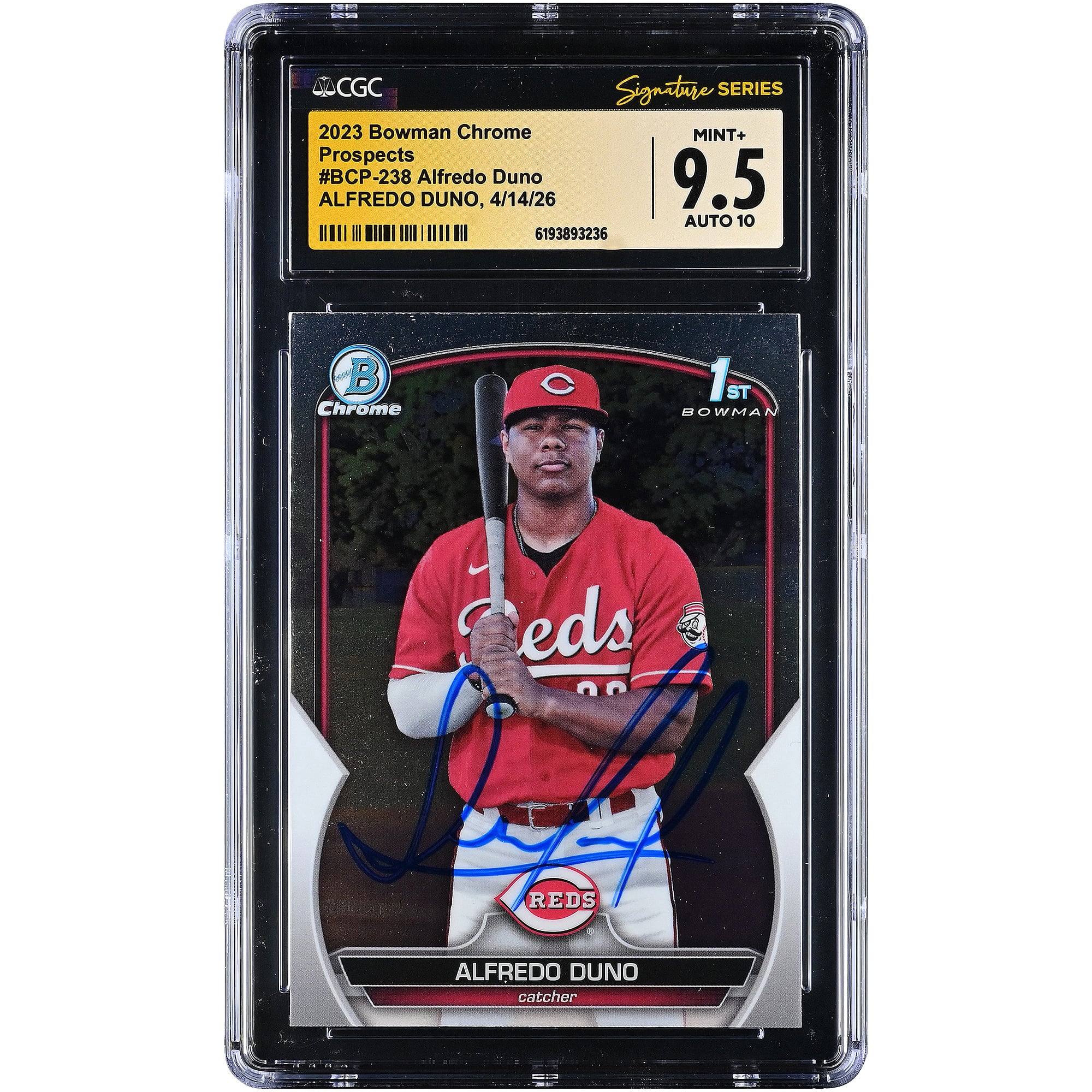 Carte autographiée par Alfredo Duno des Reds de Cincinnati (2023 Bowman Chrome Prospects #BCP-238), authentifiée par CGC Fanatics Witnessed (note 9,5/10).