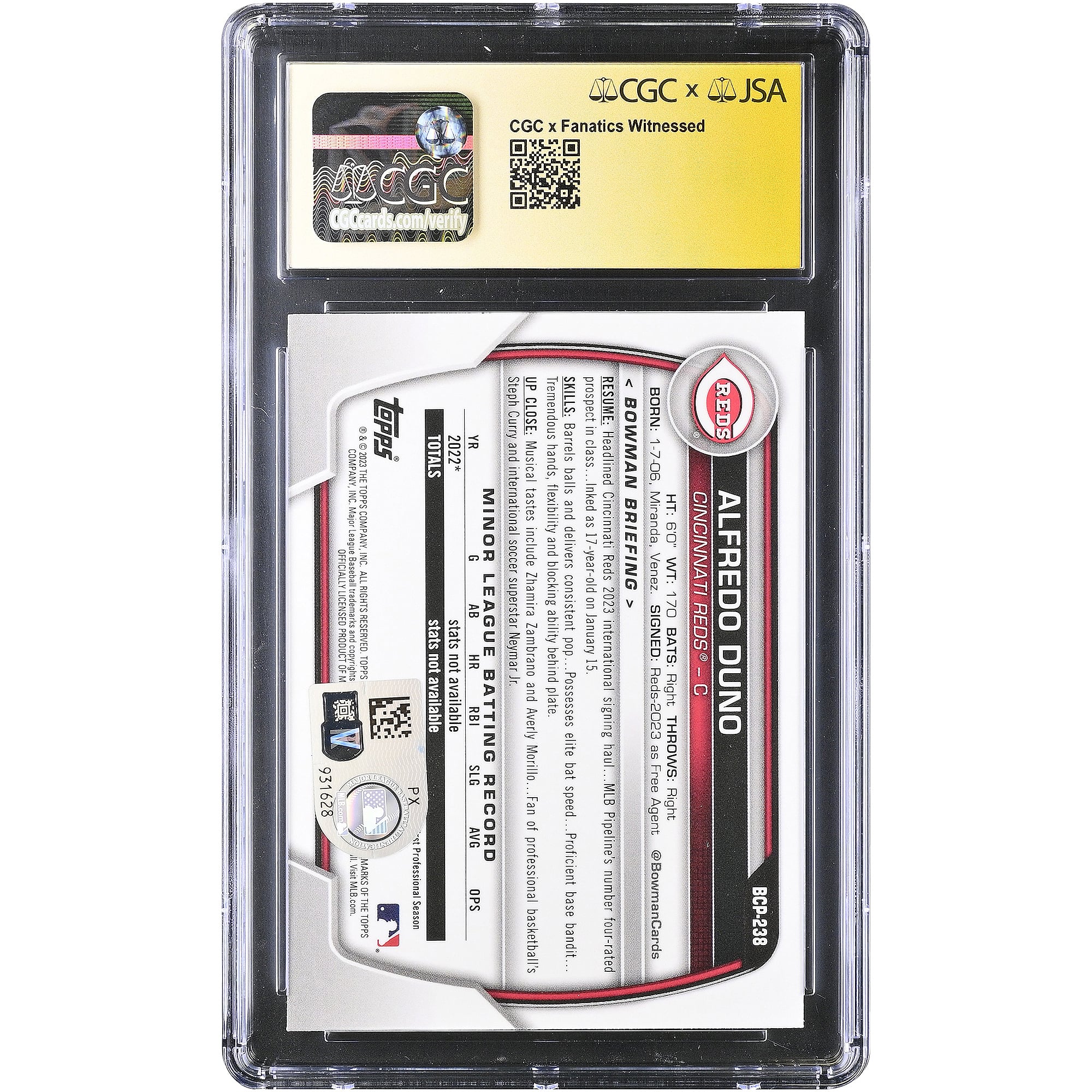 Carte autographiée d'Alfredo Duno (Reds de Cincinnati) 2023 Bowman Chrome Prospects #BCP-238