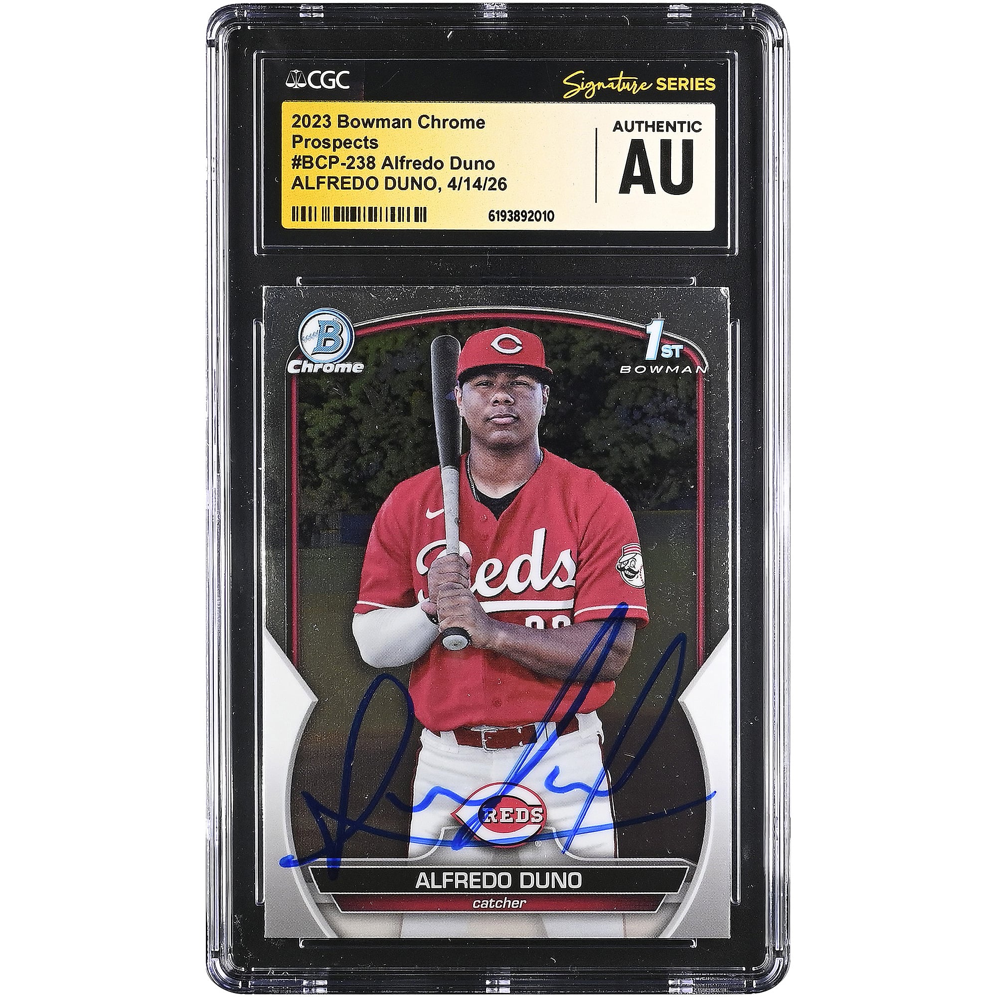 Carte authentifiée par Alfredo Duno (Reds de Cincinnati) – Bowman Chrome Prospects 2023 n° BCP-238 – CGC Fanatics Witnessed