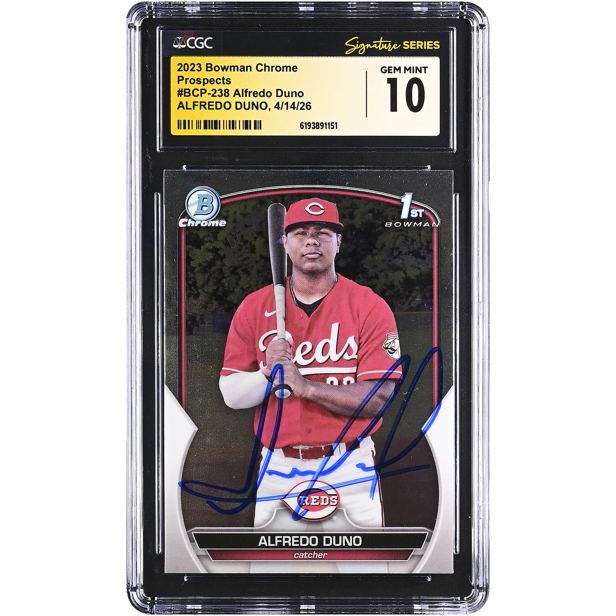 Alfredo Duno Cincinnati Reds Autographed 2023 Bowman Chrome Prospects #BCP-238 CGC Fanatics Witnessed Authenticated GEM MINT 10 Card