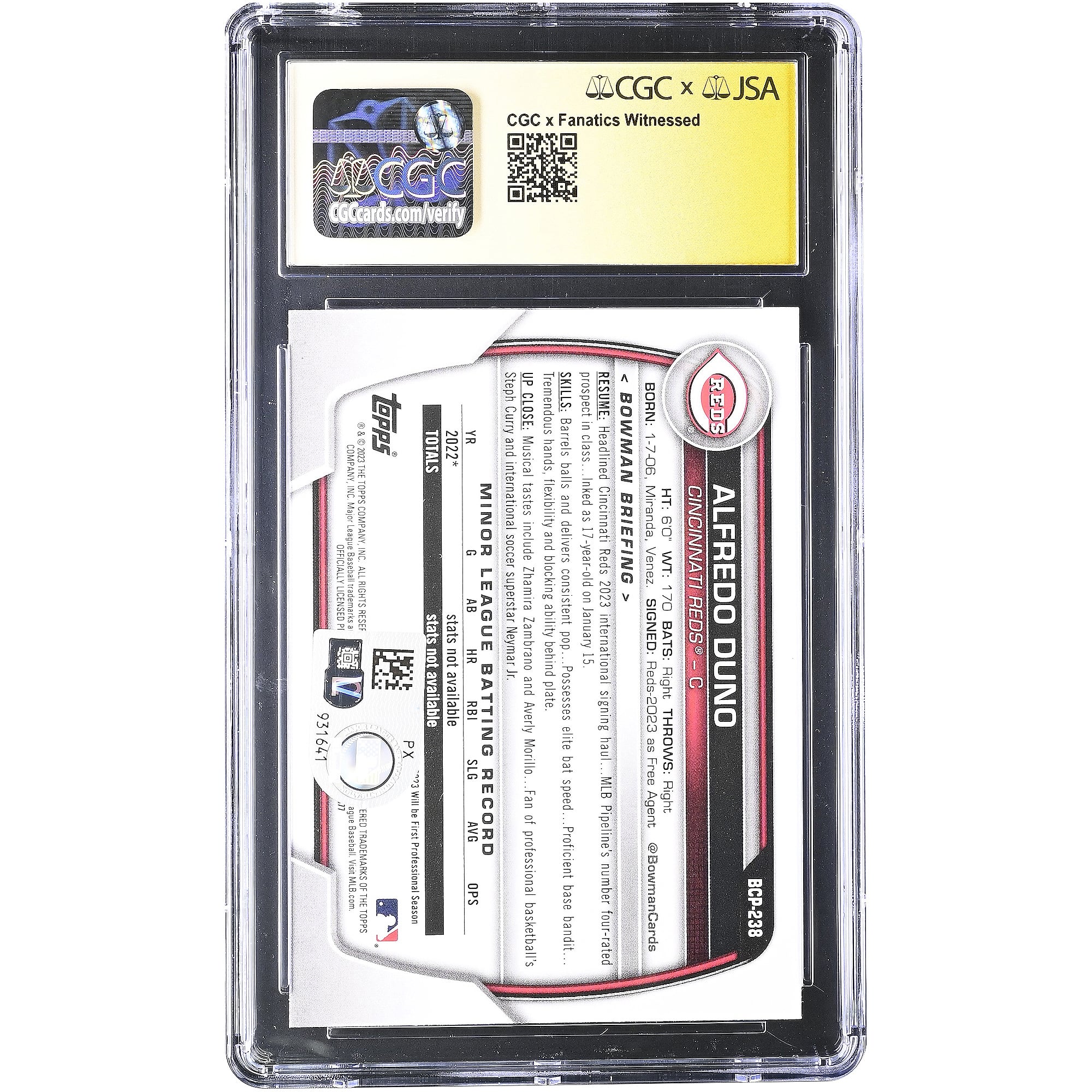 Carte autographiée d'Alfredo Duno (Reds de Cincinnati) 2023 Bowman Chrome Prospects #BCP-238, authentifiée par Fanatics Witnessed (état neuf).