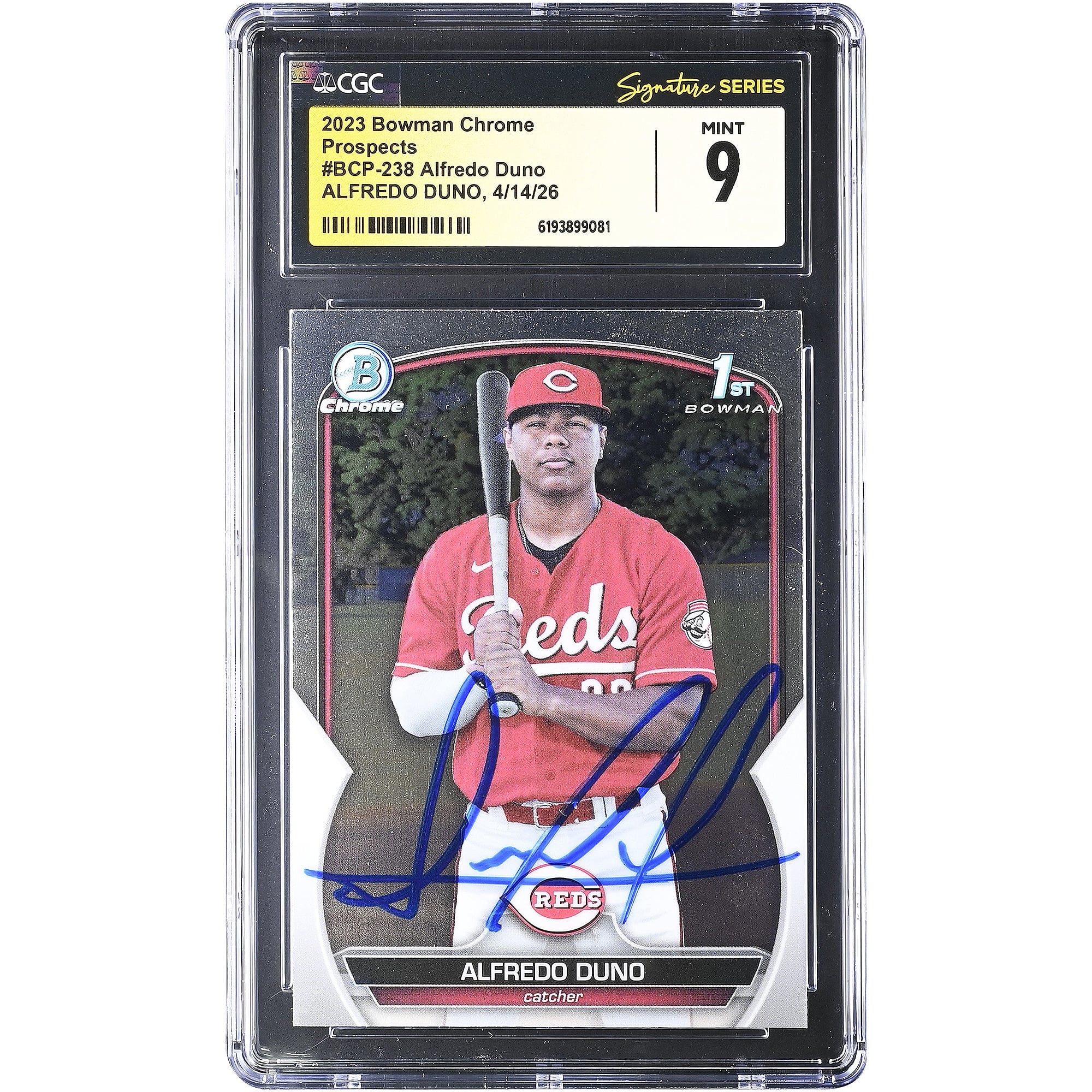 Carte autographiée d'Alfredo Duno (Reds de Cincinnati) 2023 Bowman Chrome Prospects #BCP-238, authentifiée par Fanatics Witnessed (état neuf).