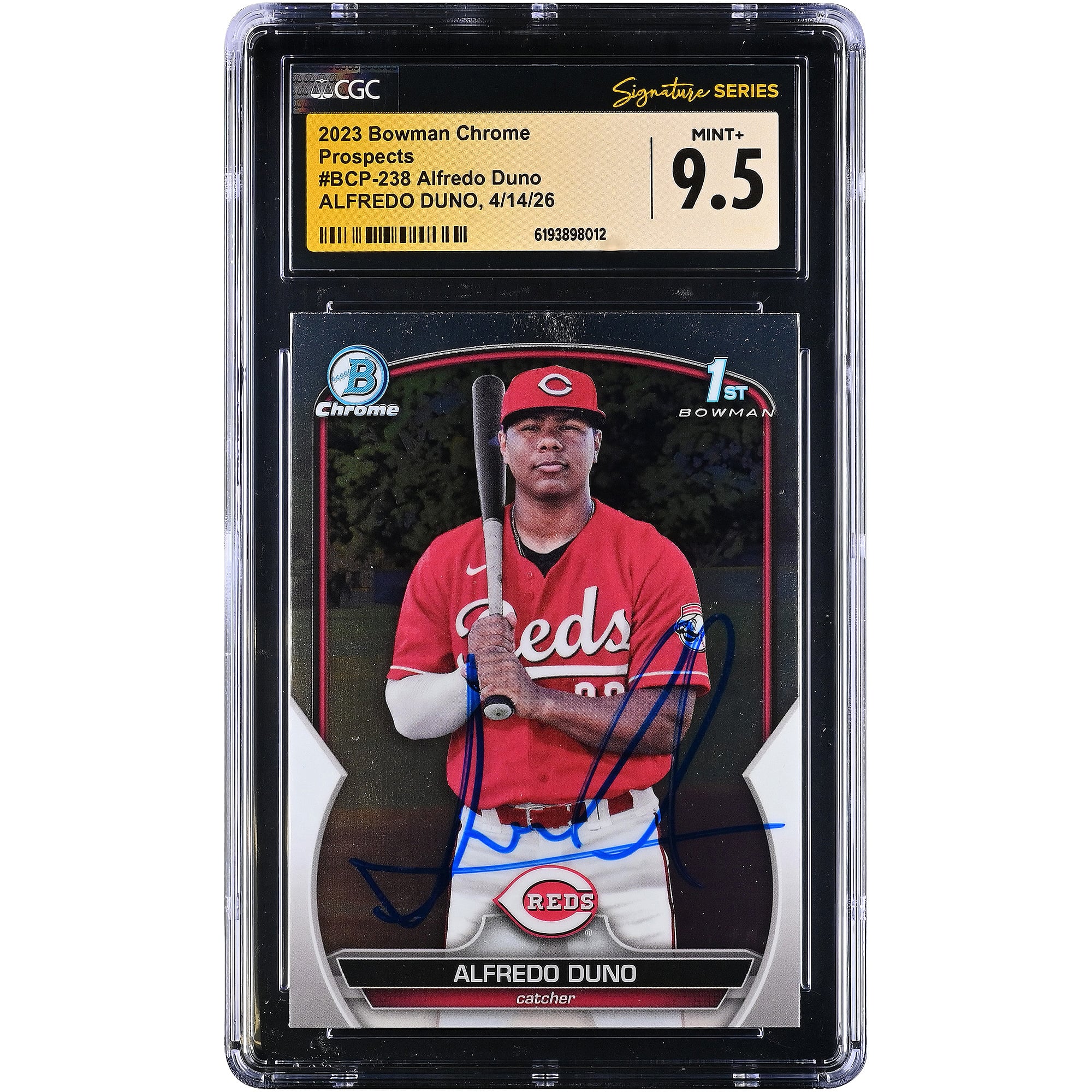 Carte autographiée par Alfredo Duno des Reds de Cincinnati, collection Bowman Chrome Prospects 2023, n° BCP-238, authentifiée par CGC Fanatics Witnessed, état neuf+ (9,5).