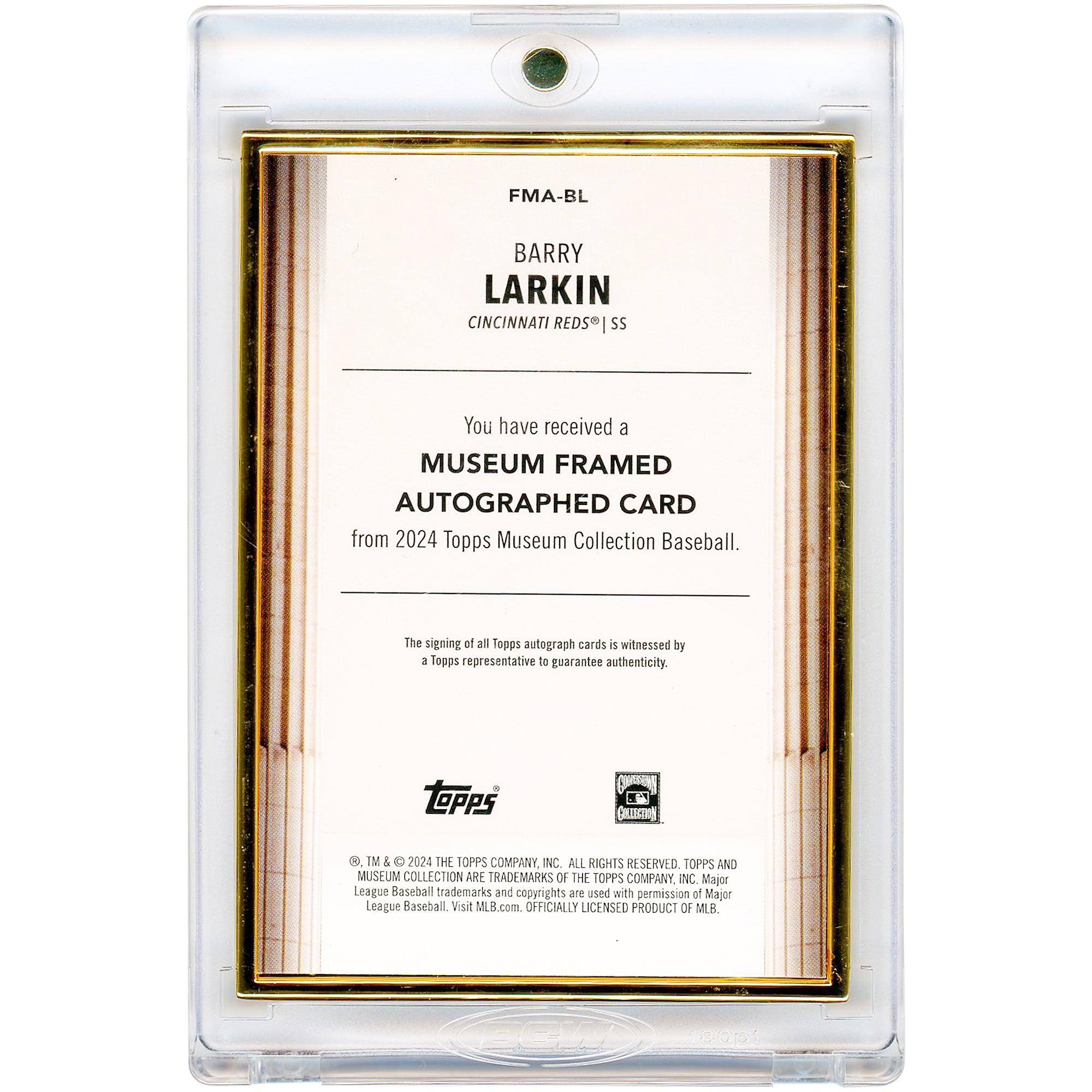 Carte autographiée de Barry Larkin (Reds de Cincinnati), collection Topps Museum 2024, encadrée, encre dorée, n° FMA-BL, n° 9/10