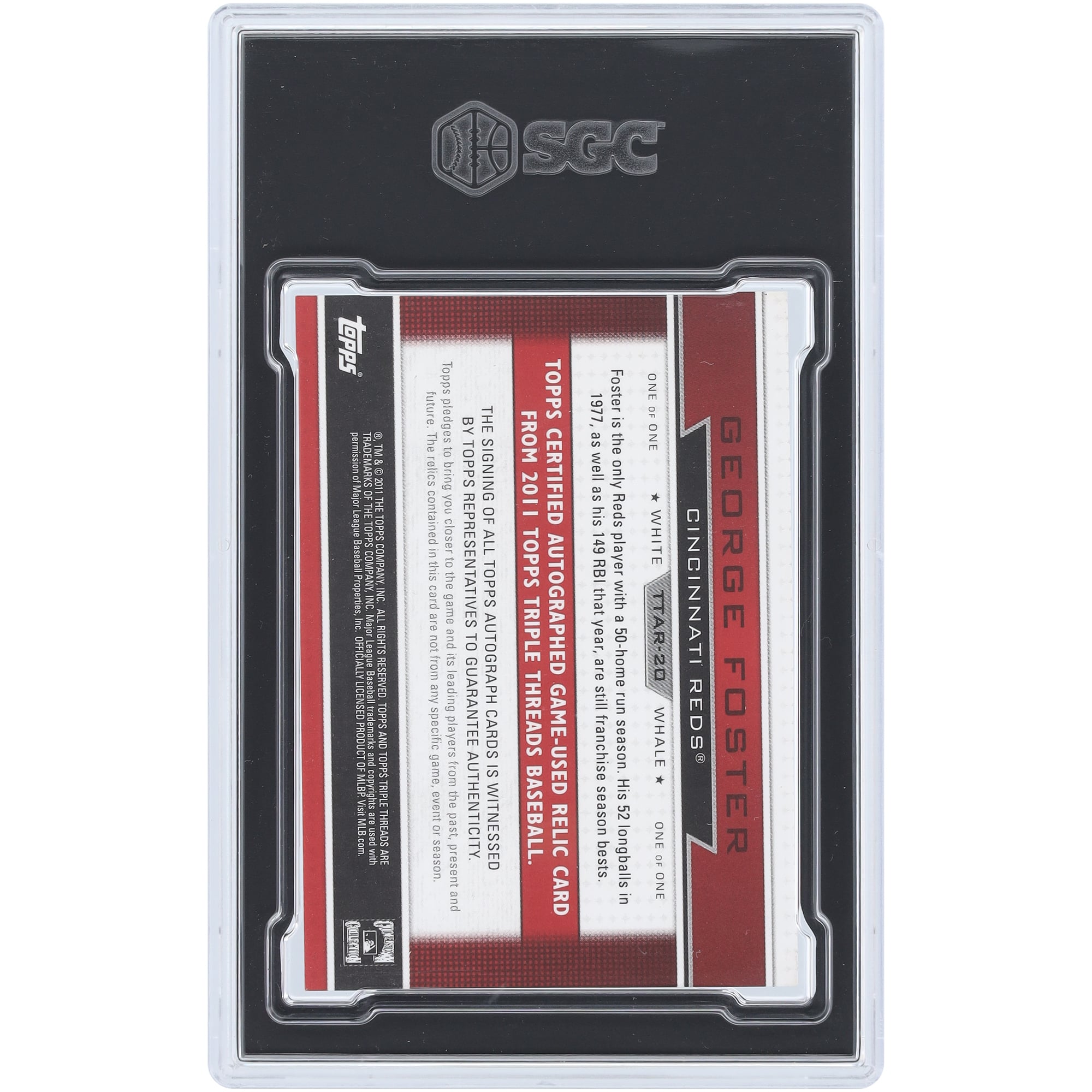 George Foster Cincinnati Reds Autographed 2011 Topps Triple Threads Magenta Printing Plate White Whale Bat Relic #TTAR-20 #1/1 SGC Authenticated Auth/Auto 10 Card