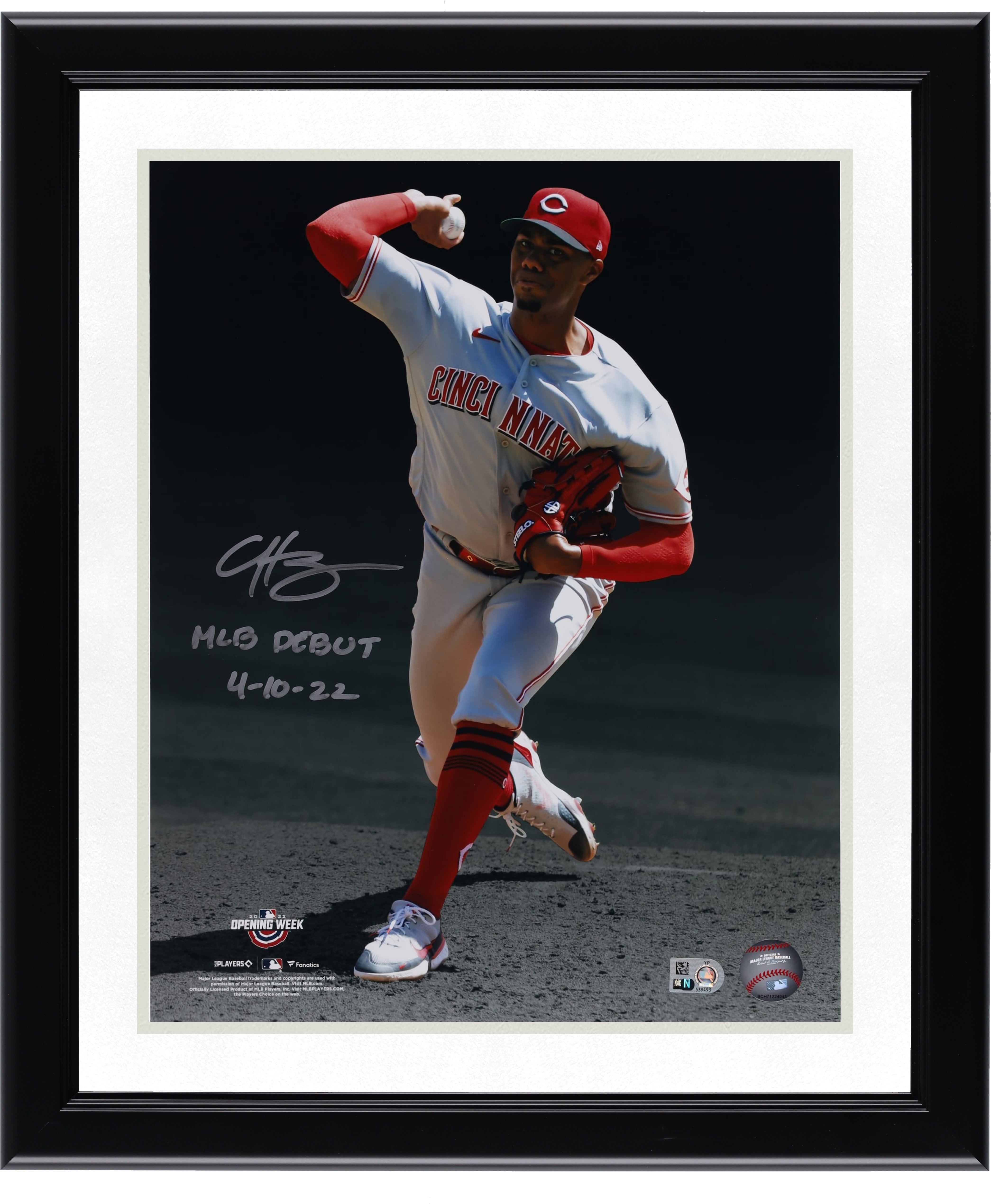 Hunter Greene Cincinnati Reds Autographed 11" x 14" Debut Pitching Spotlight Photograph with "MLB Debut 4-10-22" Inscription