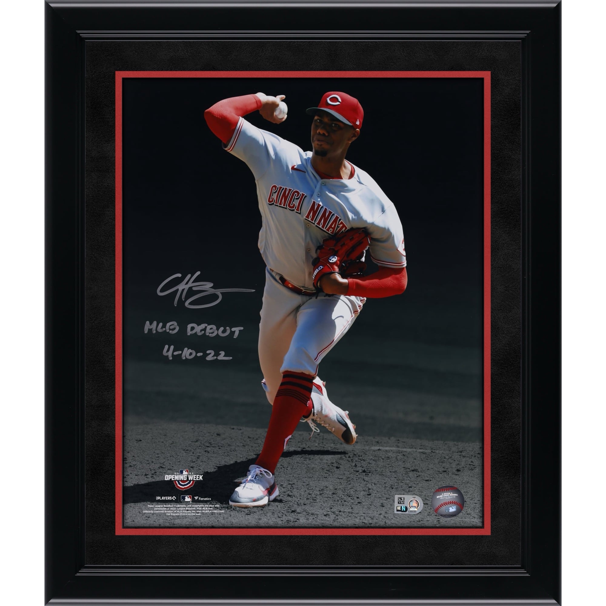 Hunter Greene Cincinnati Reds Autographed 11" x 14" Debut Pitching Spotlight Photograph with "MLB Debut 4-10-22" Inscription