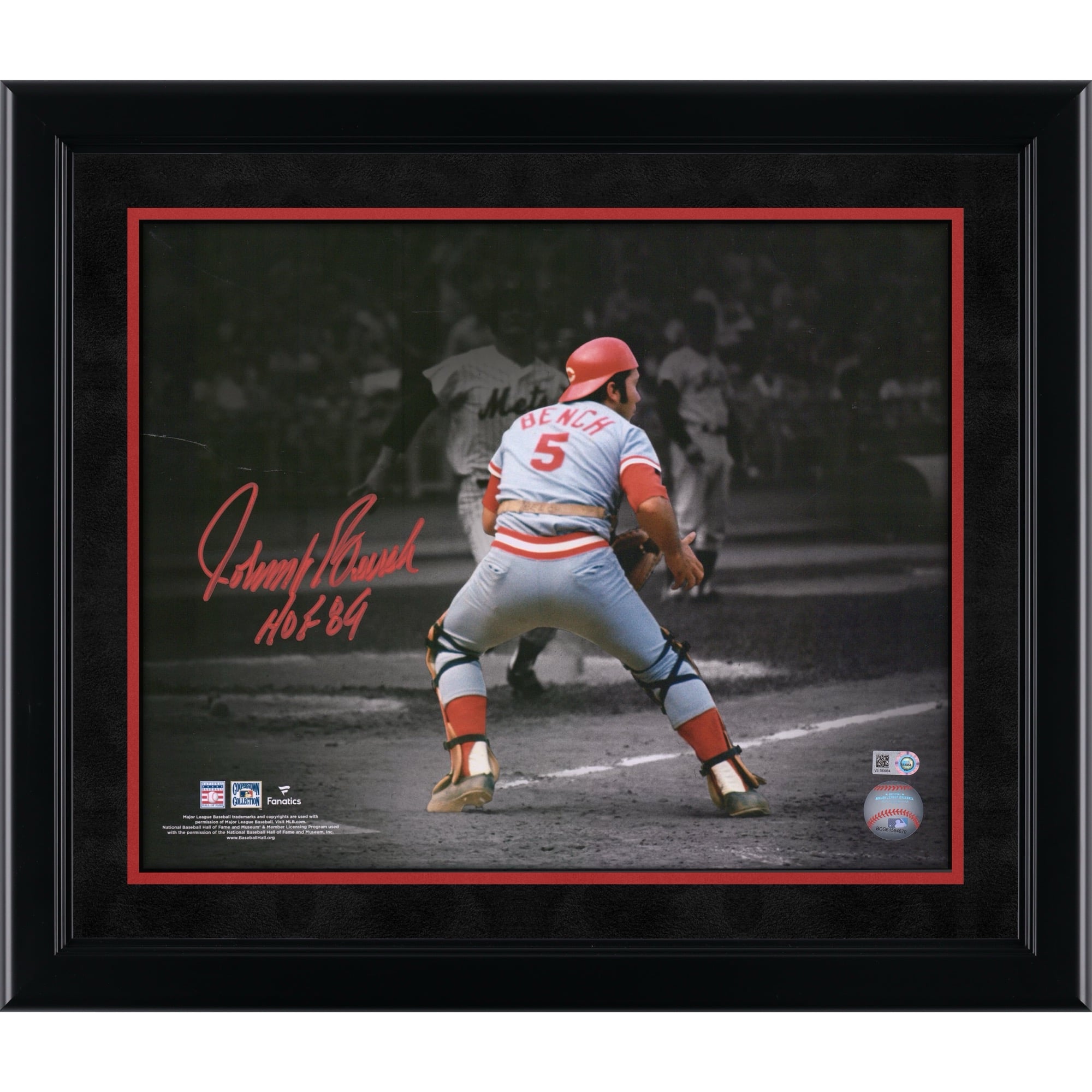 Johnny Bench Cincinnati Reds Autographed 11" x 14" Catching Spotlight Photograph with "HOF 89" Inscription