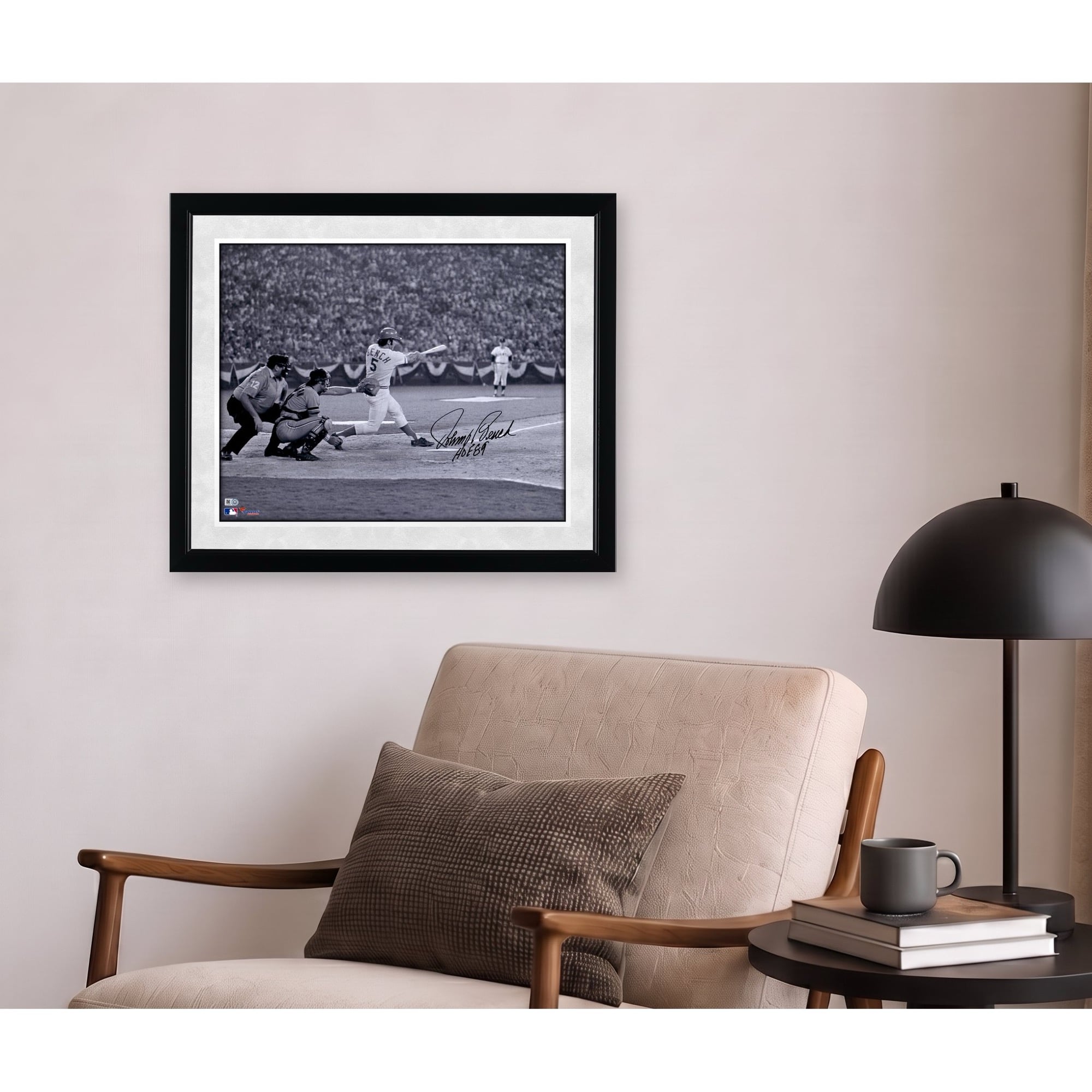 Johnny Bench Cincinnati Reds Autographed 16" x 20" Black & White Hitting Photograph with "HOF 89" Inscription