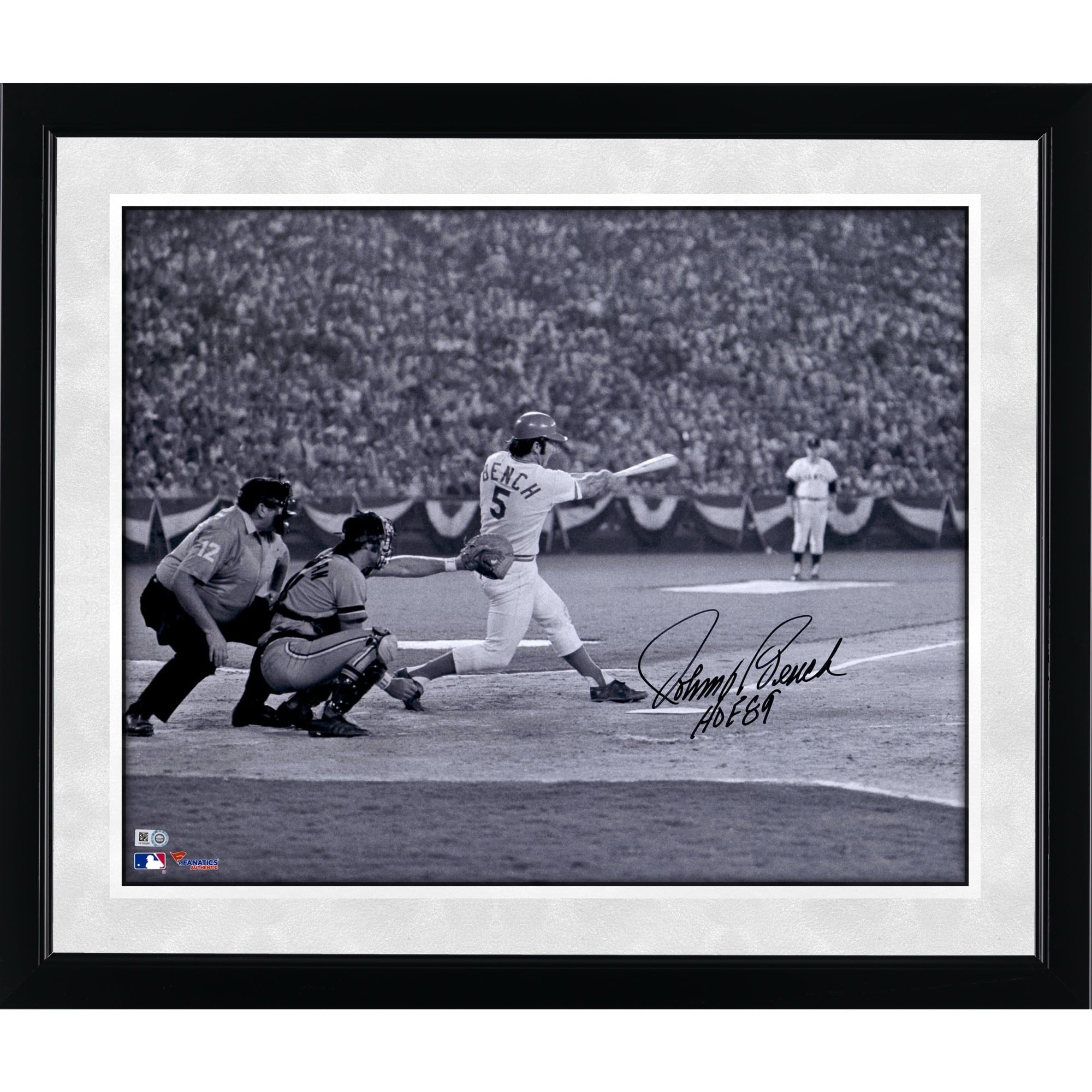Johnny Bench Cincinnati Reds Autographed 16" x 20" Black & White Hitting Photograph with "HOF 89" Inscription