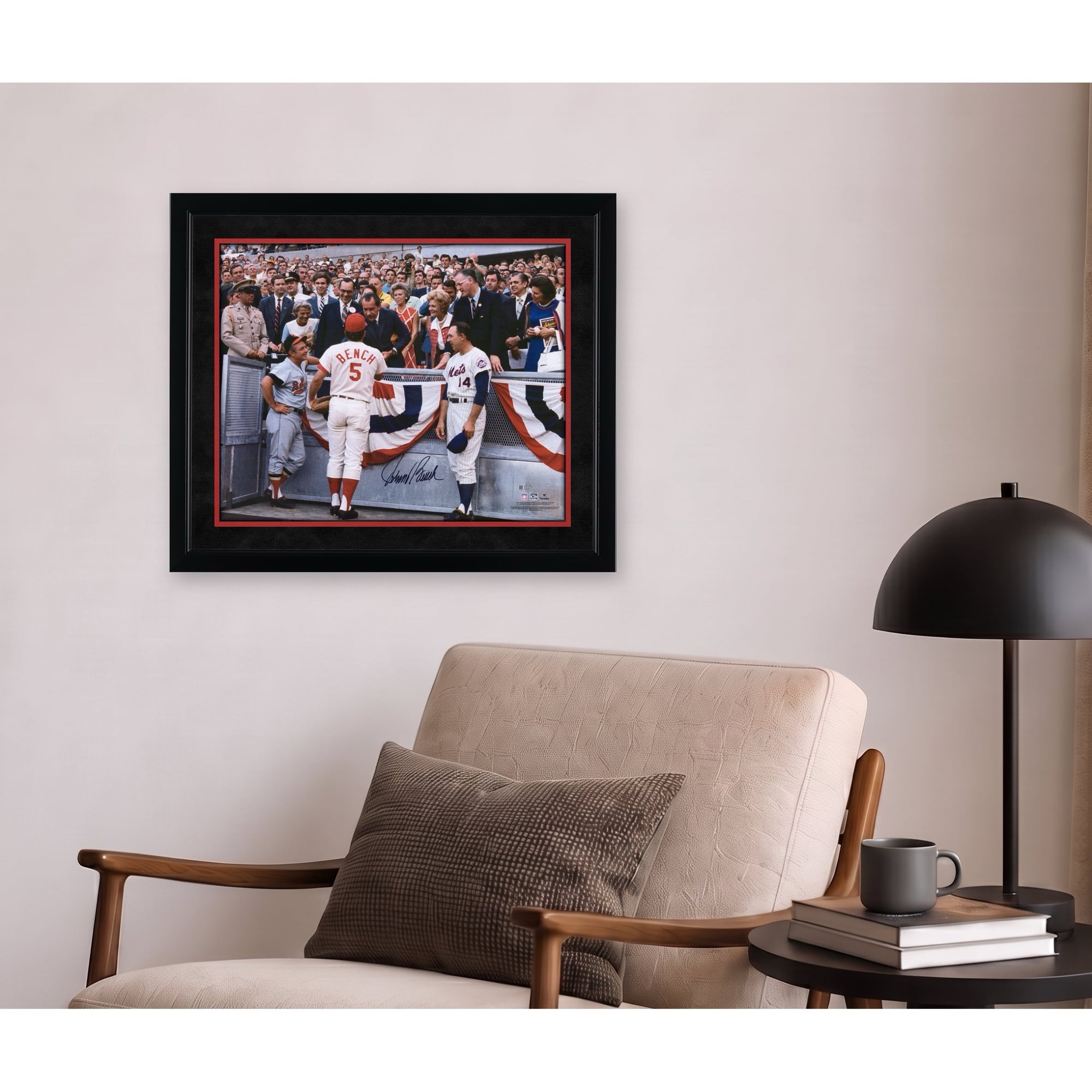 Johnny Bench Cincinnati Reds Autographed 16" x 20" Photograph with Richard Nixon Earl Weaver and Gil Hodges