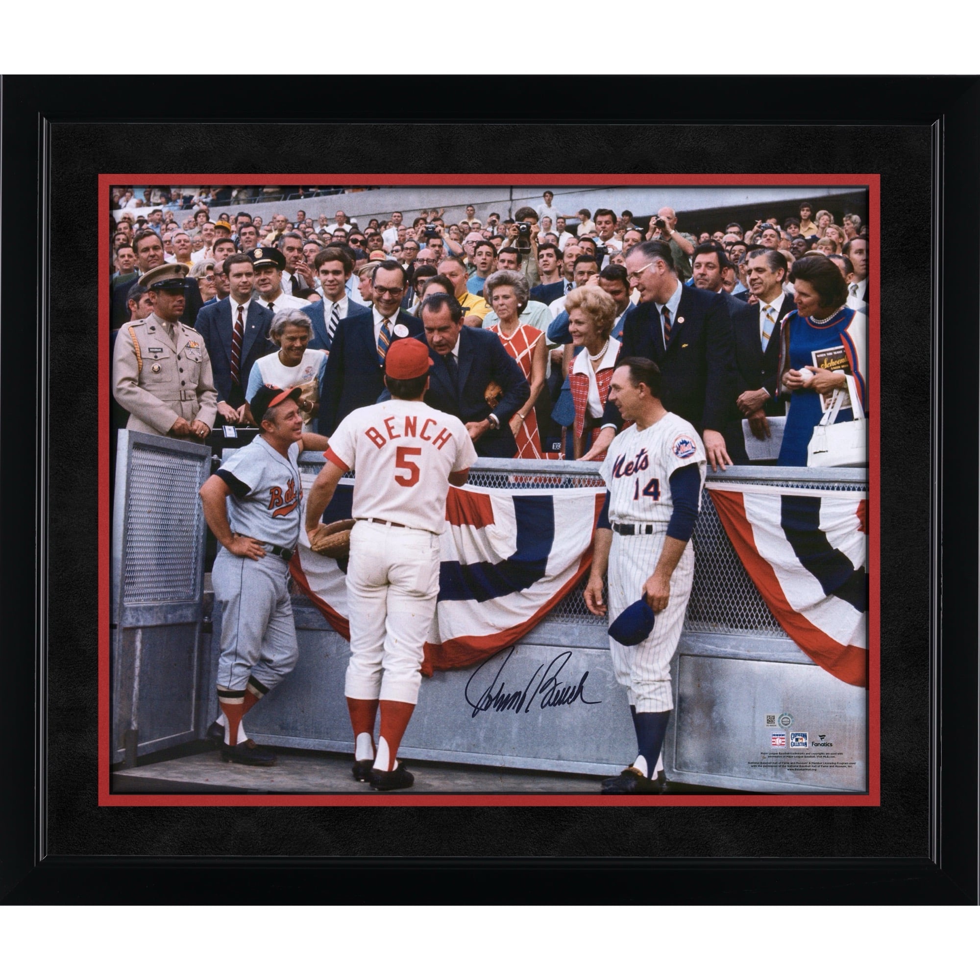 Johnny Bench Cincinnati Reds Autographed 16" x 20" Photograph with Richard Nixon Earl Weaver and Gil Hodges