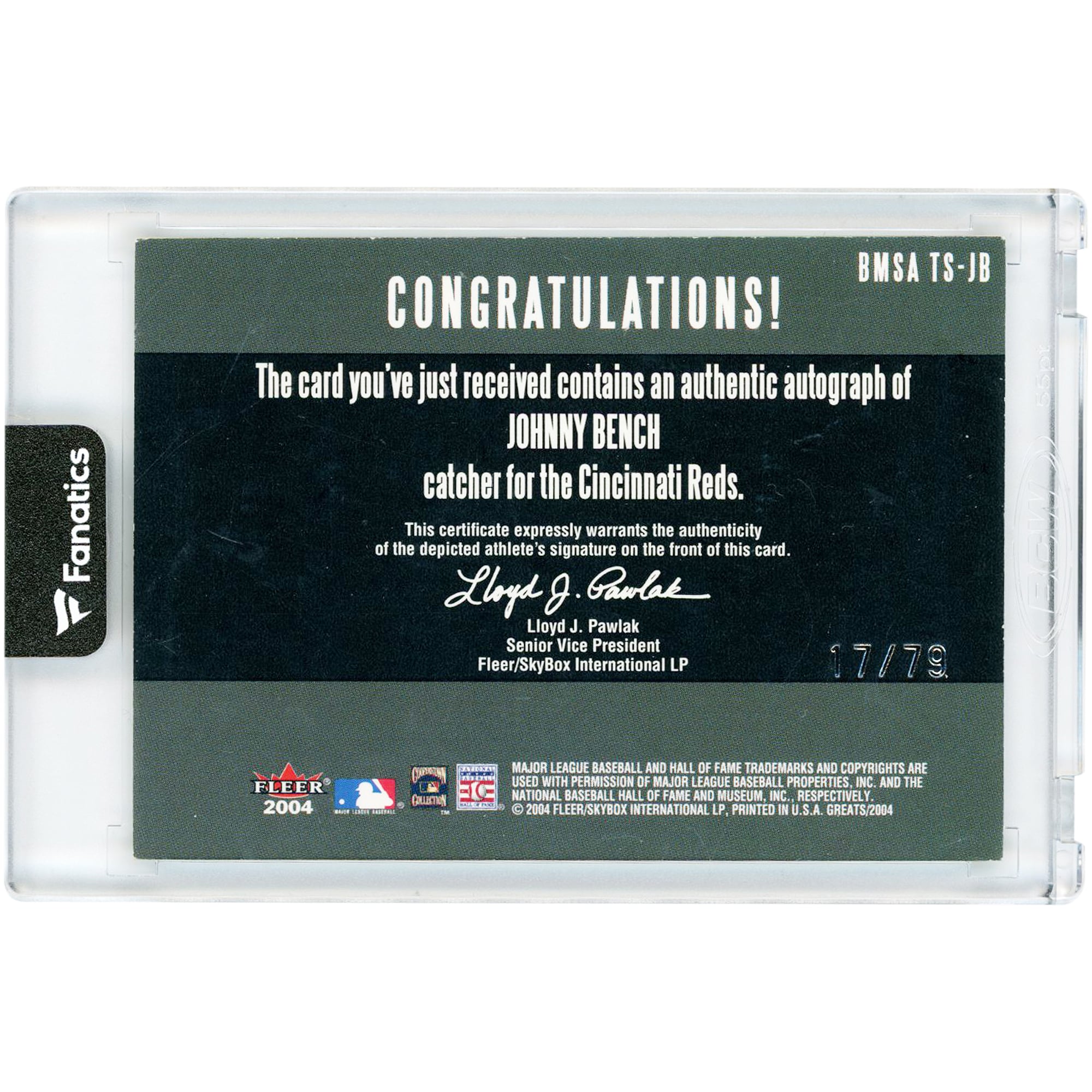 Johnny Bench Cincinnati Reds Autographed 2004 Fleer Greats Battery Mates #BMSA TS-JB #17/79 Card