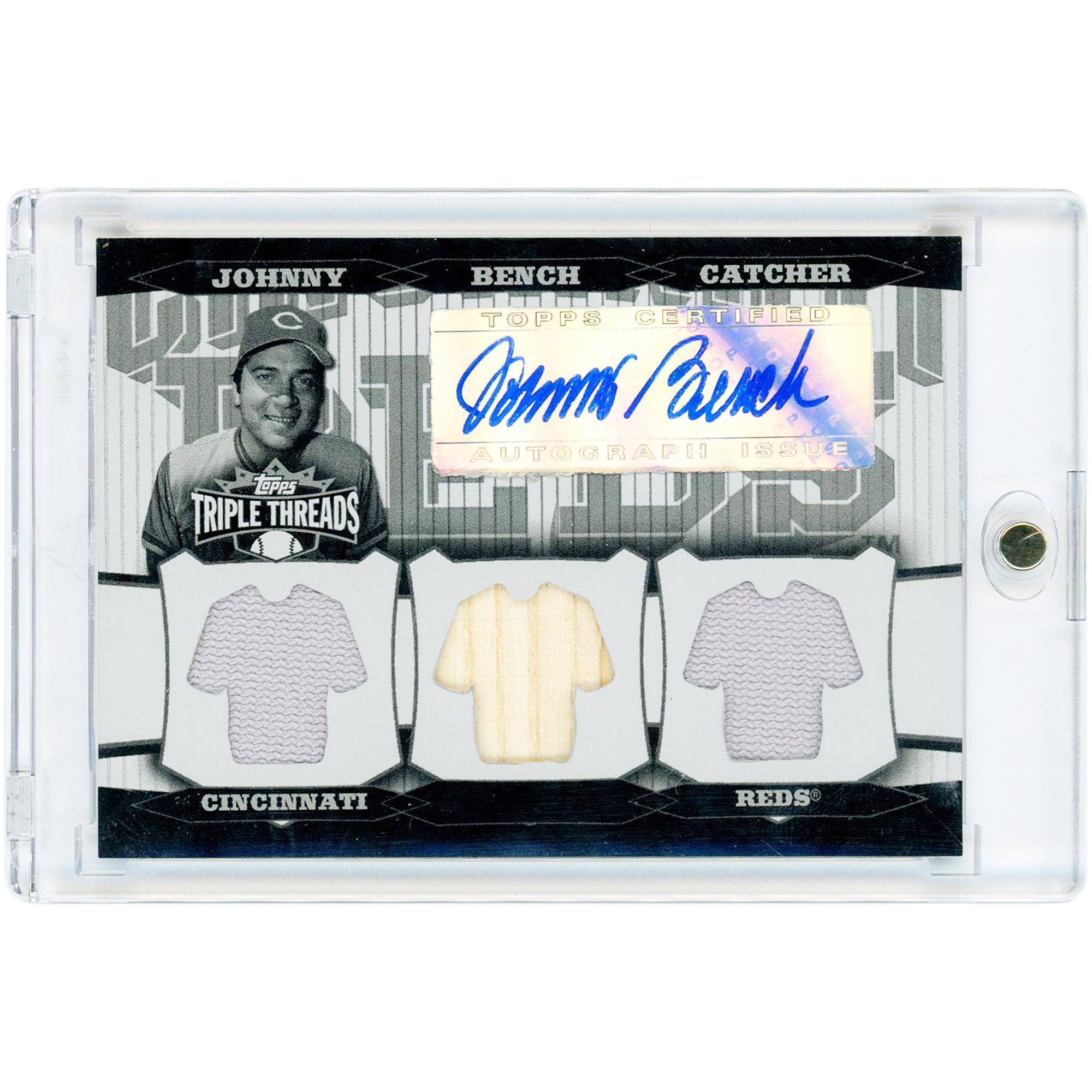 Johnny Bench Cincinnati Reds Autographed 2006 Topps Triple Threads Multi Game Used Relic White Whale #221 #1/1 Card