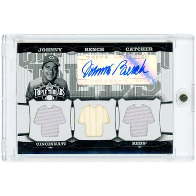 Johnny Bench Cincinnati Reds Autographed 2006 Topps Triple Threads Multi Game Used Relic White Whale #221 #1/1 Card