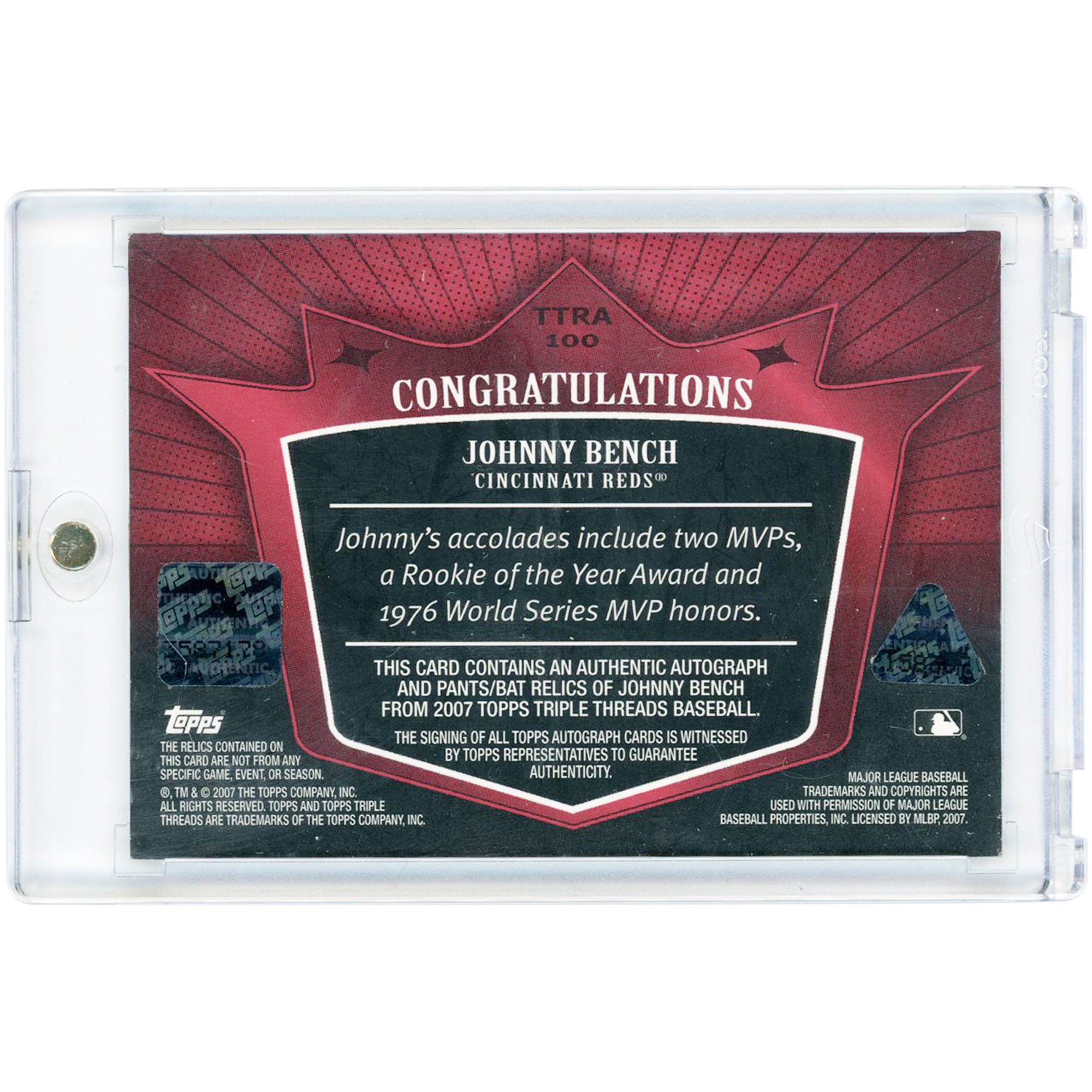 Johnny Bench Cincinnati Reds Autographed 2007 Topps Triple Threads Multi Game Used Relic Printing Plate #TTRA-100 #1/1 Card