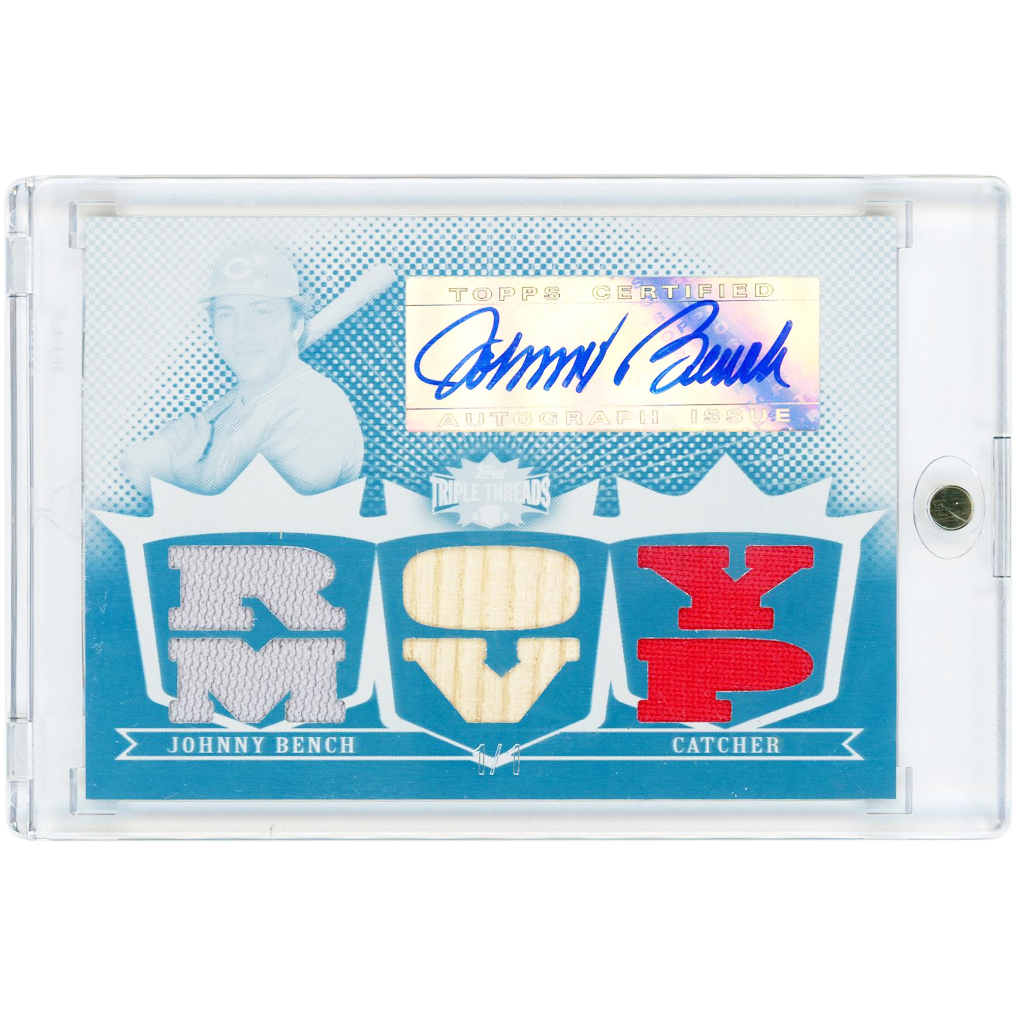 Johnny Bench Cincinnati Reds Autographed 2007 Topps Triple Threads Multi Game Used Relic Printing Plate #TTRA-100 #1/1 Card