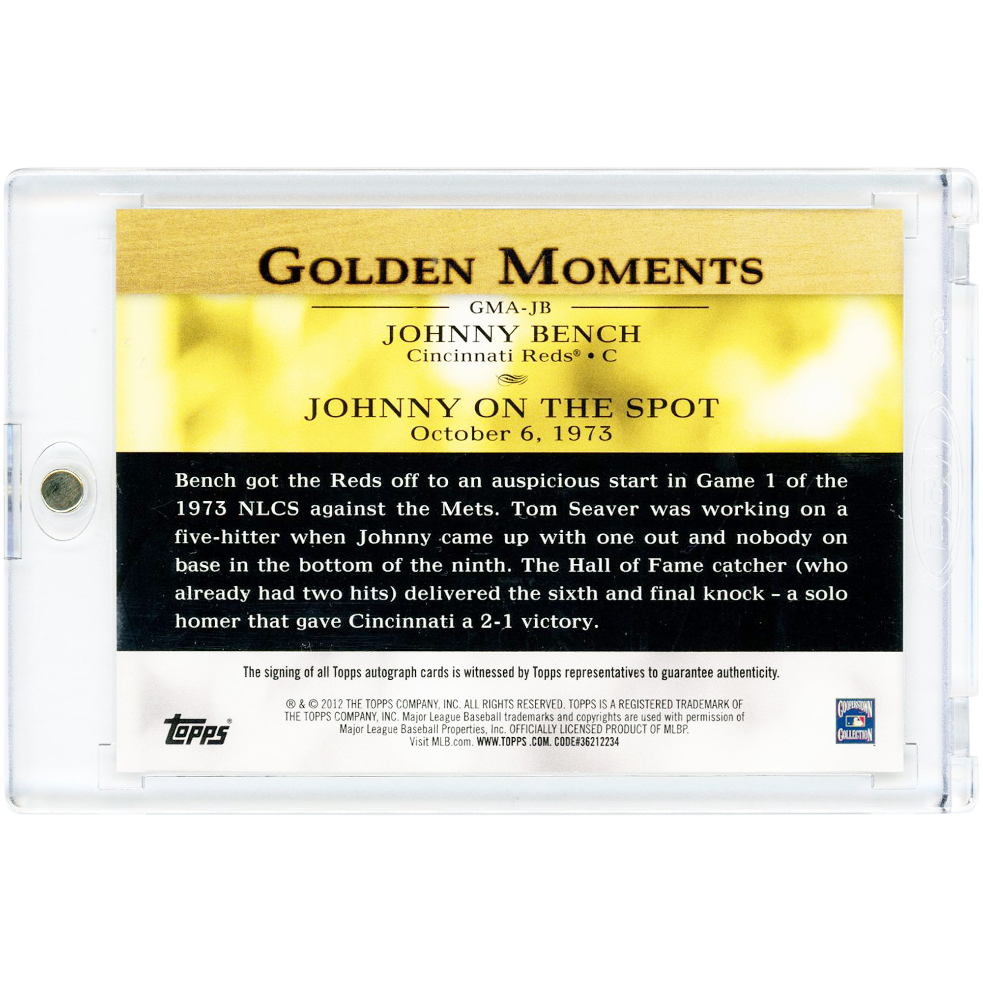 Johnny Bench Cincinnati Reds Autographed 2012 Topps Golden Moments #GMA-JB Card