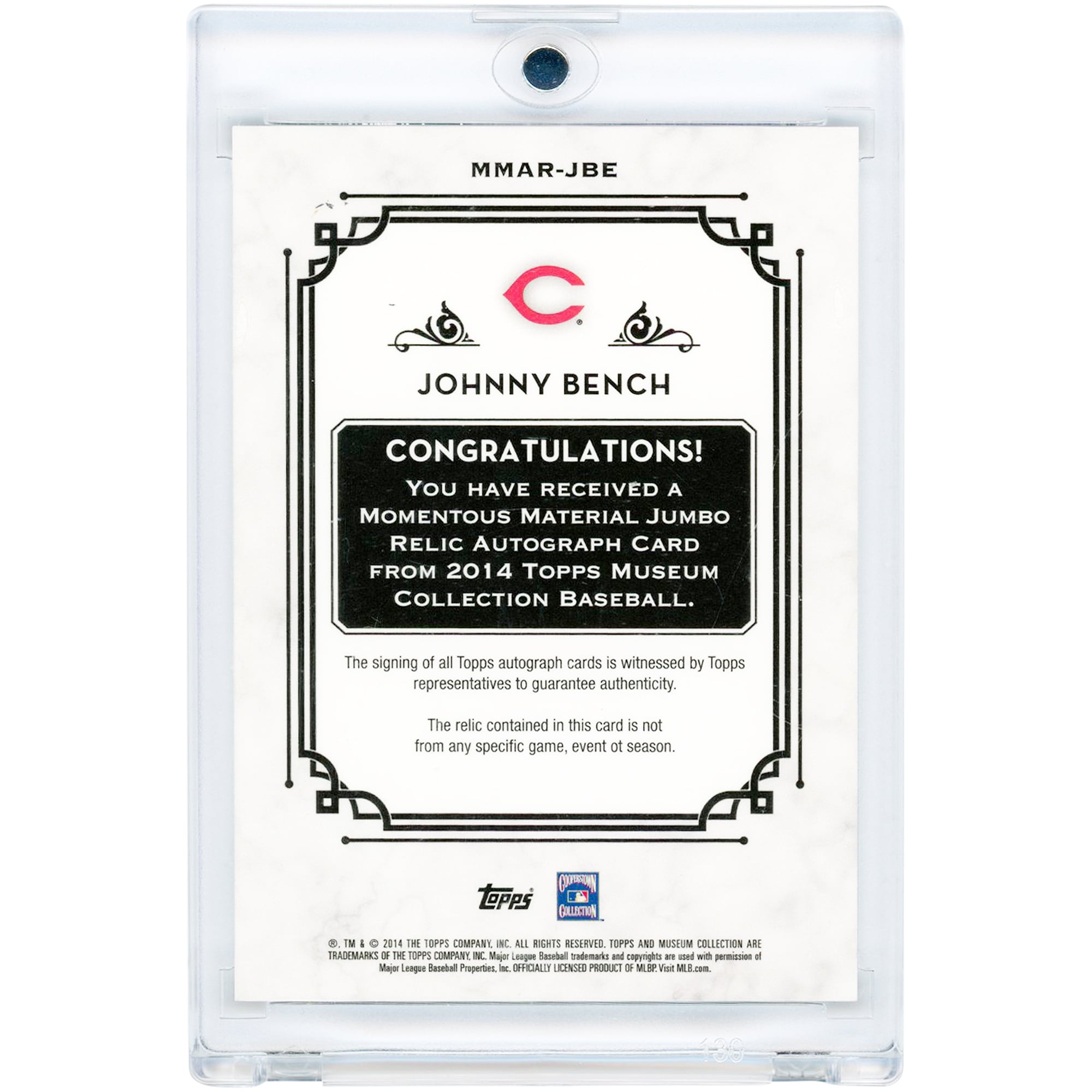 Carte autographiée de Johnny Bench (Reds de Cincinnati) de la collection Topps Museum 2014, relique d'une batte géante utilisée en match, numéro #MMAR-JBE, numéro 2/10