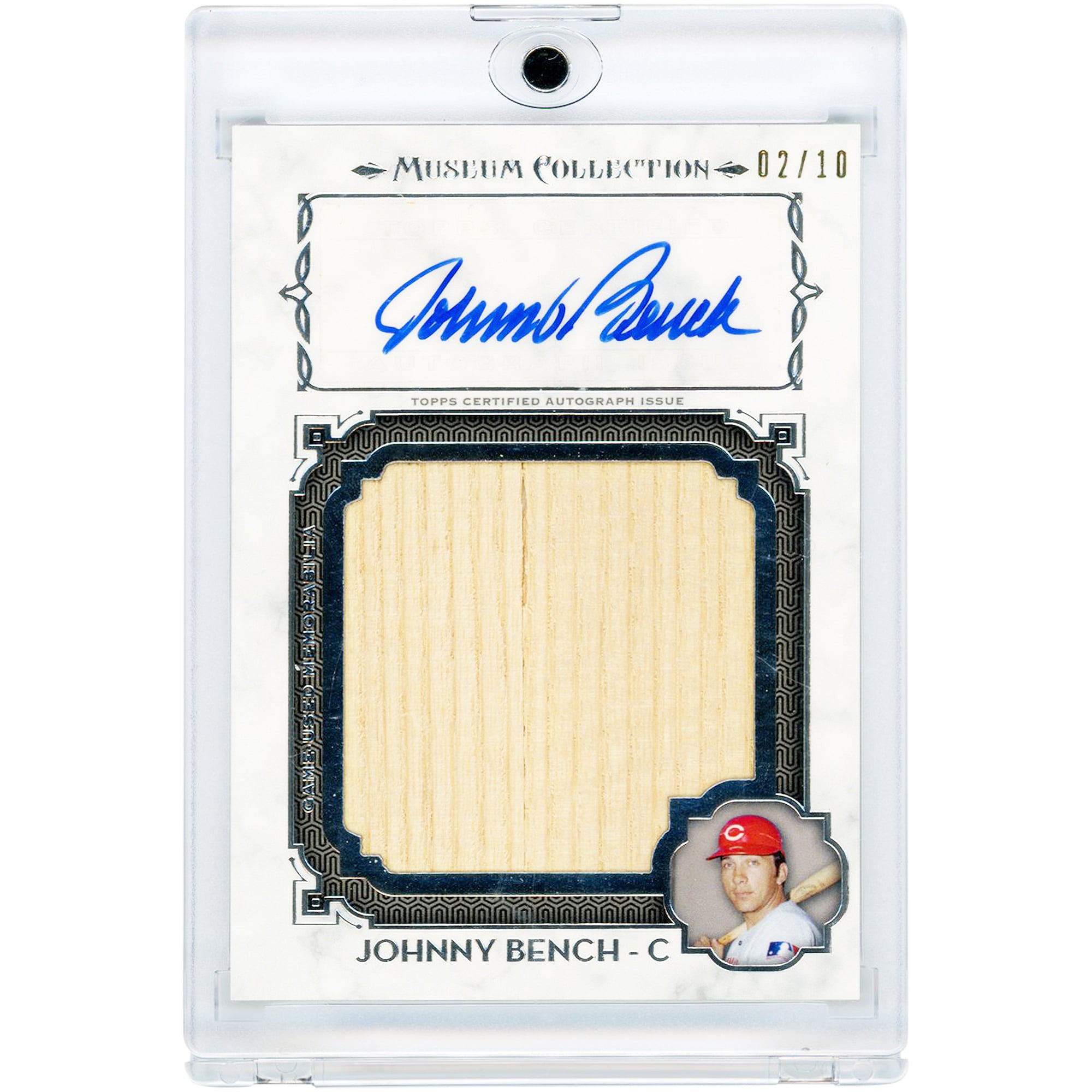 Carte autographiée de Johnny Bench (Reds de Cincinnati) de la collection Topps Museum 2014, relique d'une batte géante utilisée en match, numéro #MMAR-JBE, numéro 2/10